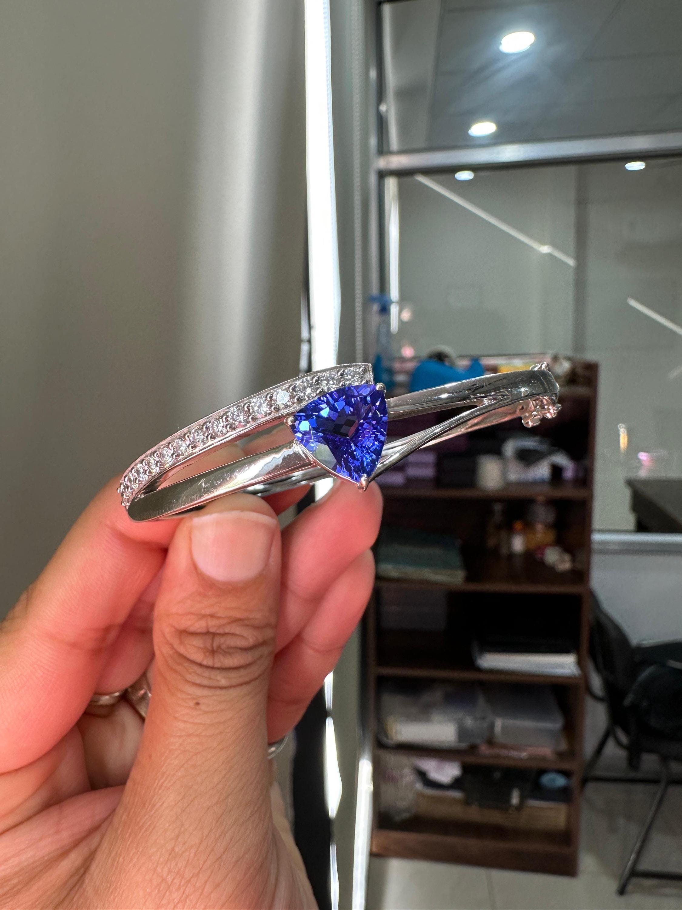 Custom made Trillion Tanzanite Diamond Bangle Bracelet 14K White Gold, Luxurious Jewelry gift