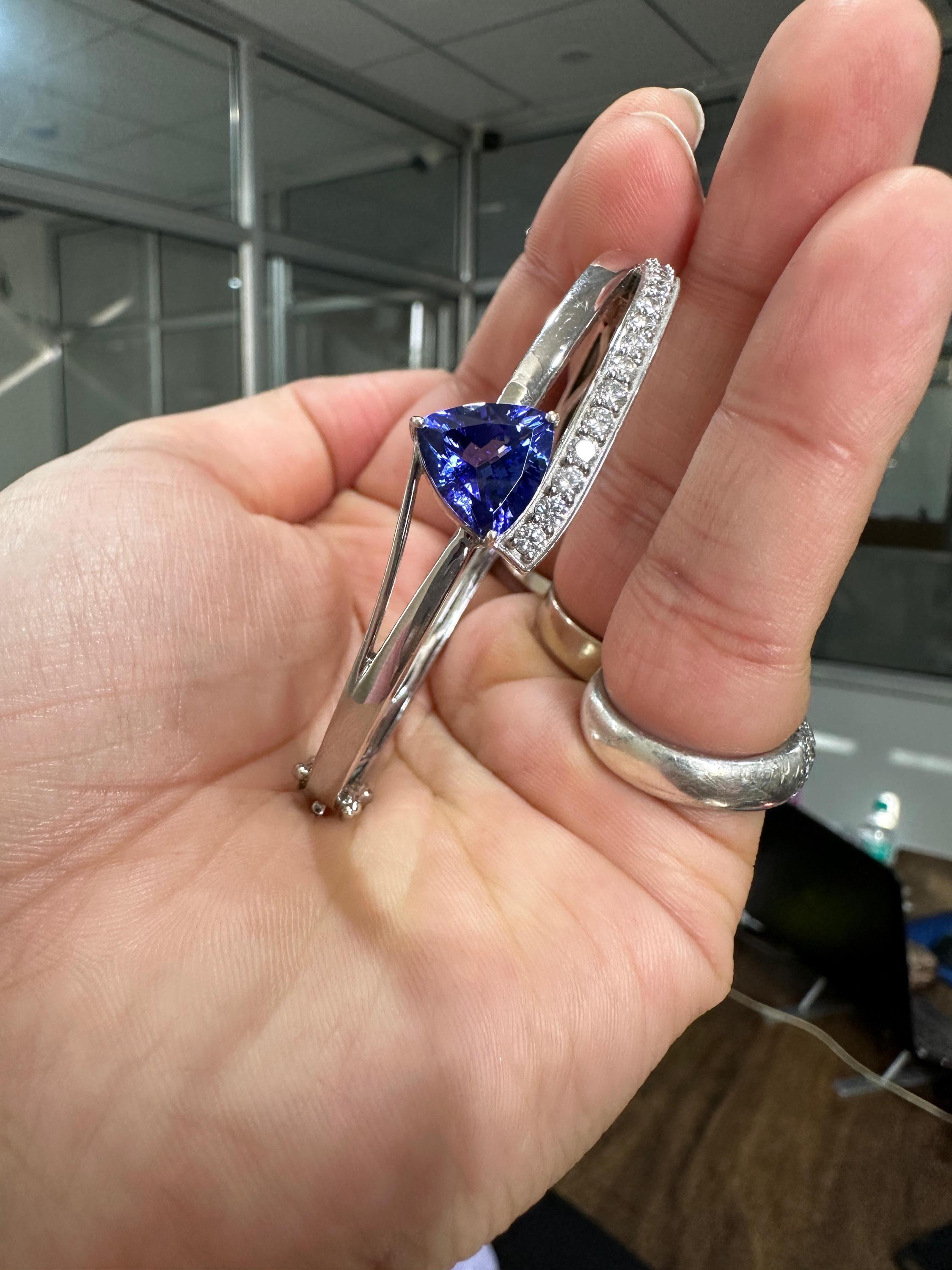 Trillion Shape Tanzanite Diamond Bangle Bracelet in 14K White Gold, Fine Jewelry gift