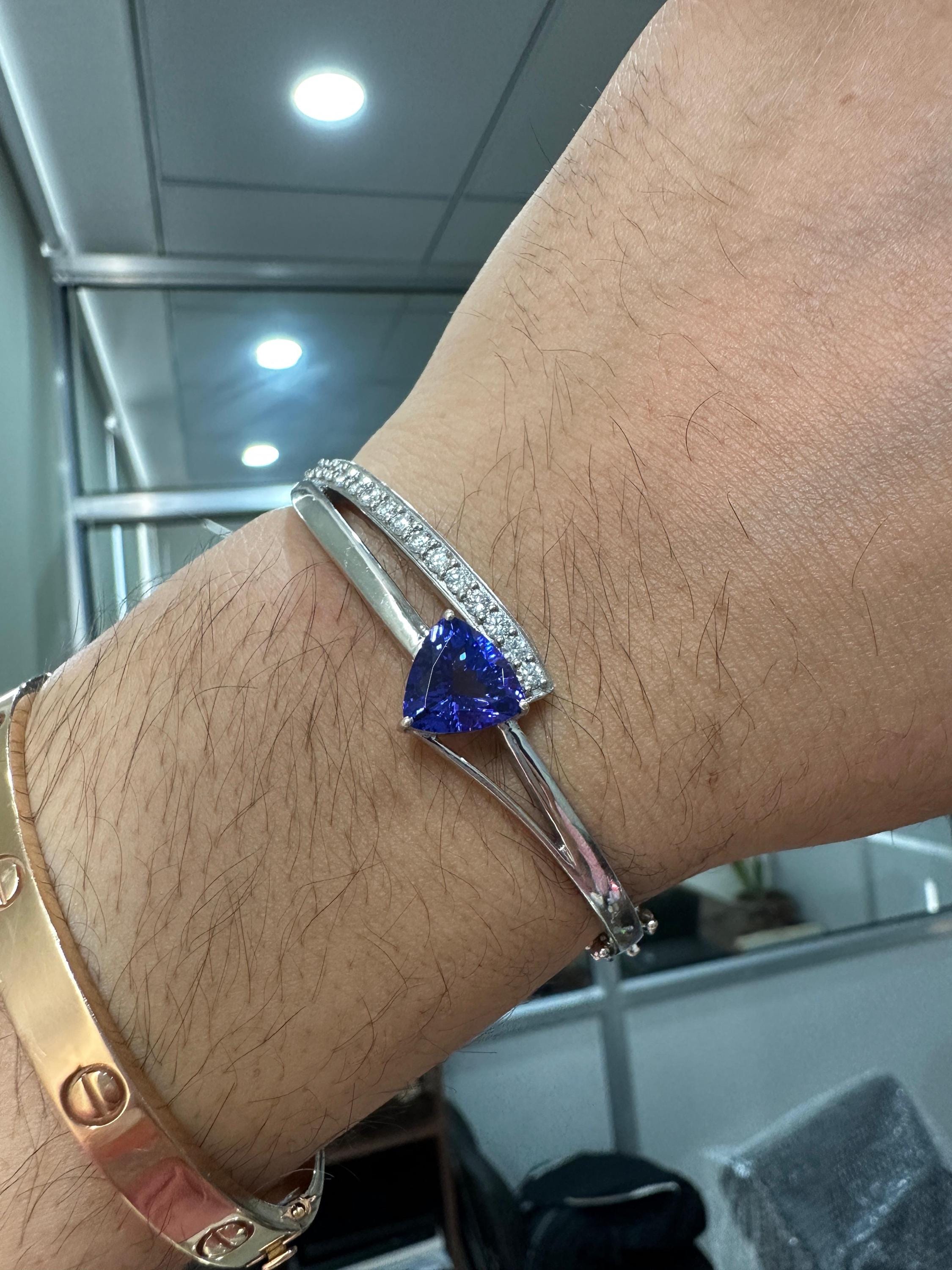 Custom made Trillion Tanzanite Diamond Bangle Bracelet 14K White Gold, Luxurious Jewelry gift