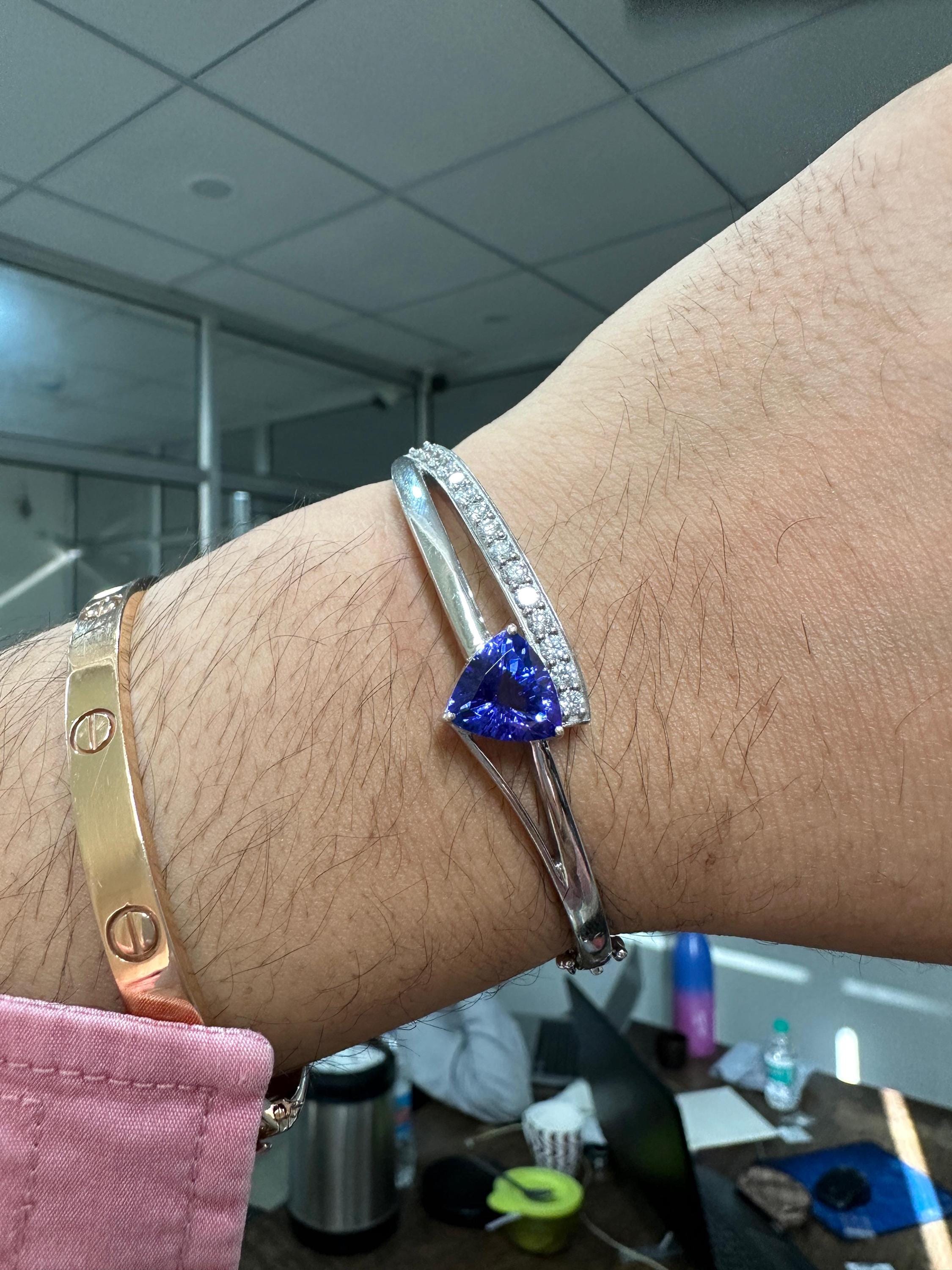 Custom made Trillion Tanzanite Diamond Bangle Bracelet 14K White Gold, Luxurious Jewelry gift