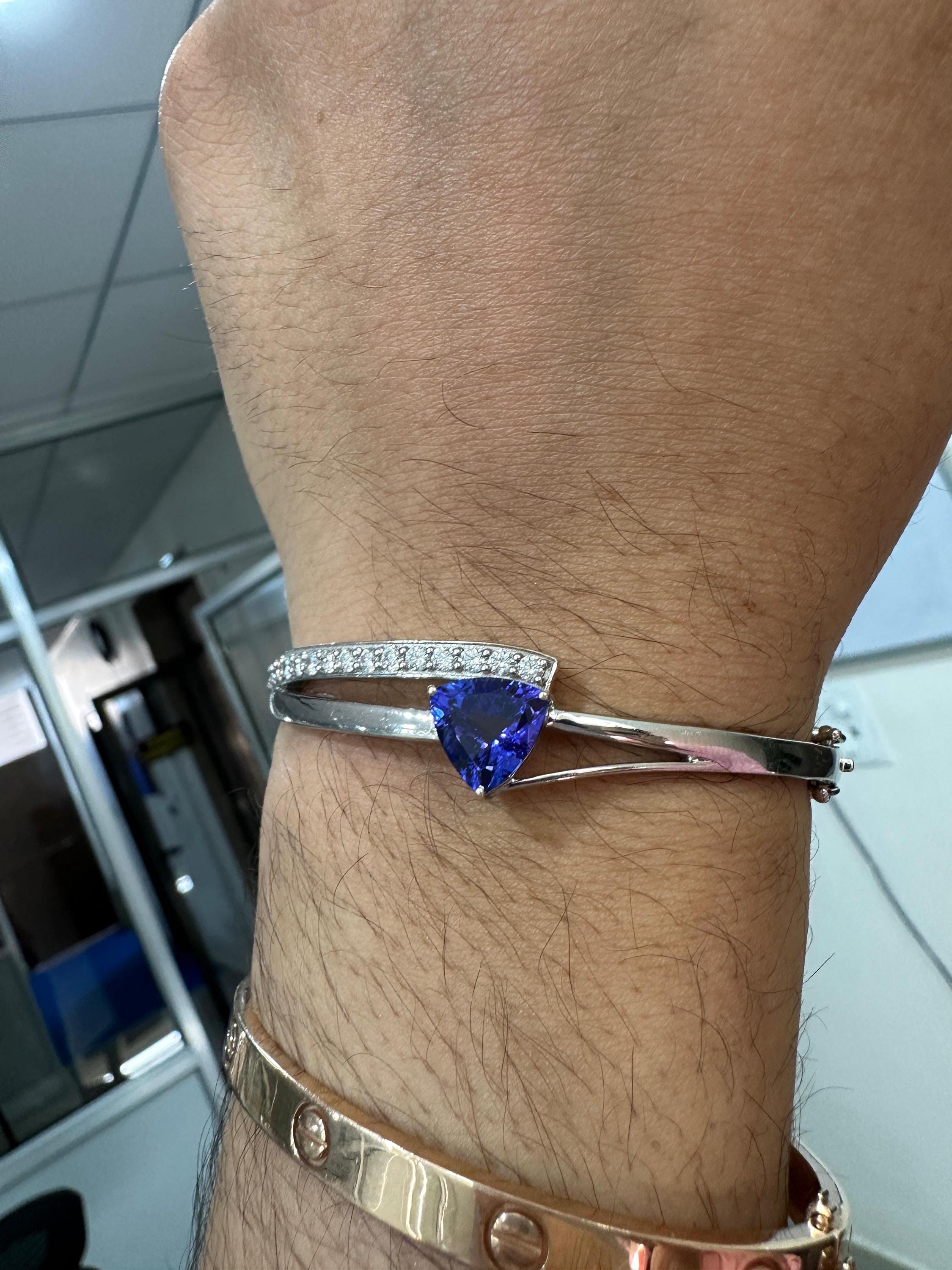 Trillion Shape Tanzanite Diamond Bangle Bracelet in 14K White Gold, Fine Jewelry gift