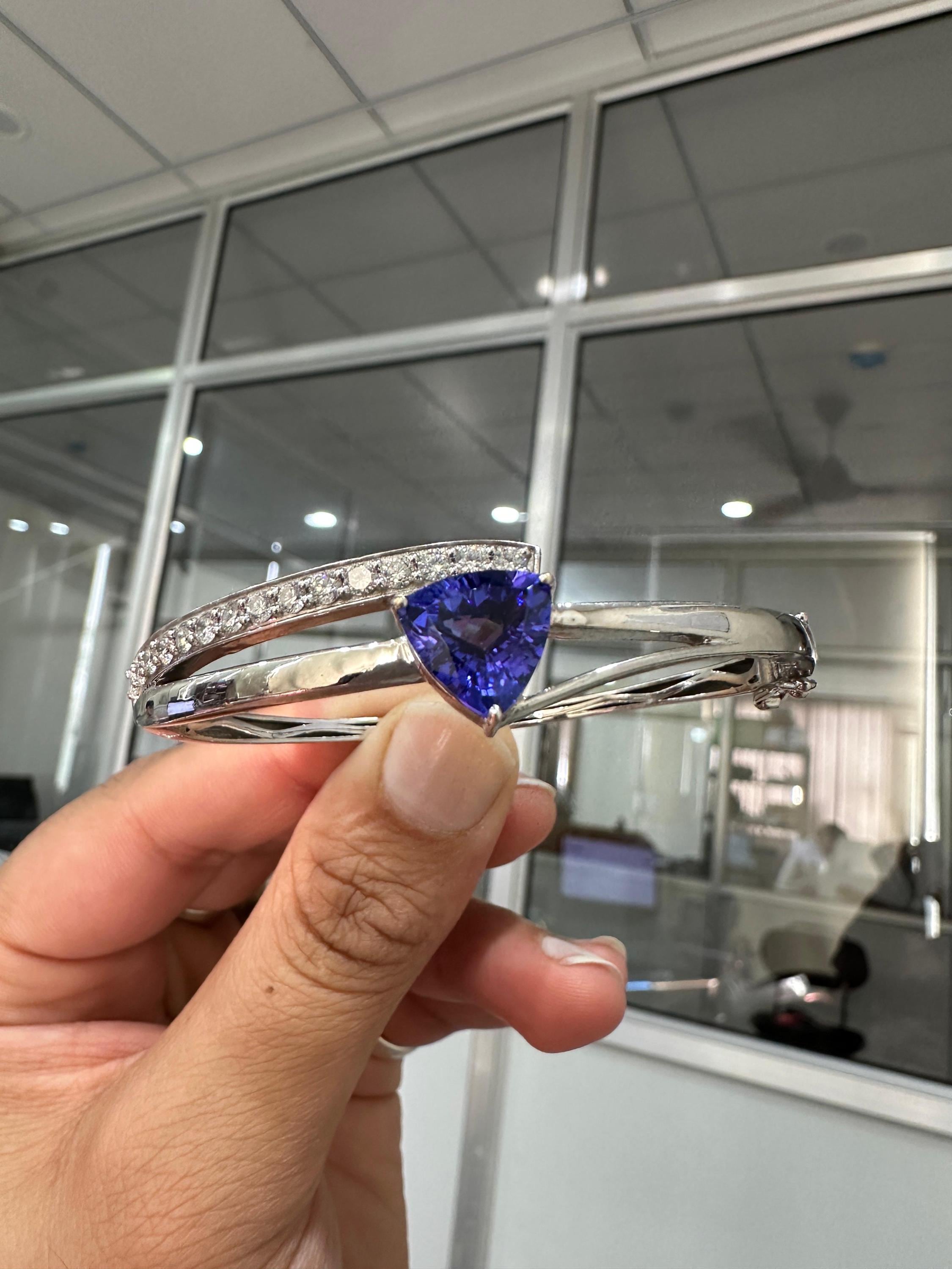 Custom made Trillion Tanzanite Diamond Bangle Bracelet 14K White Gold, Luxurious Jewelry gift