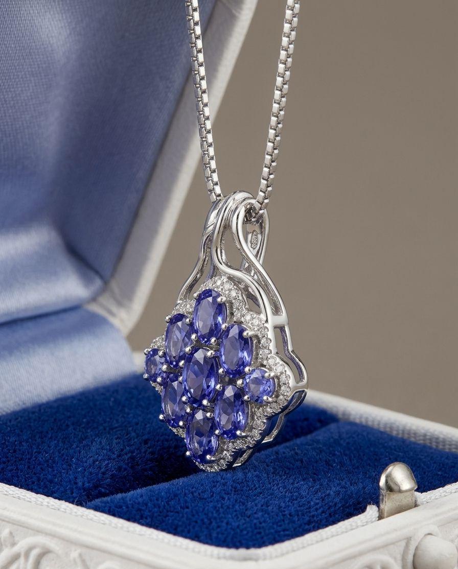 Tanzanite Cluster Pendant Necklace: 925 Sterling Silver Jewelry for her