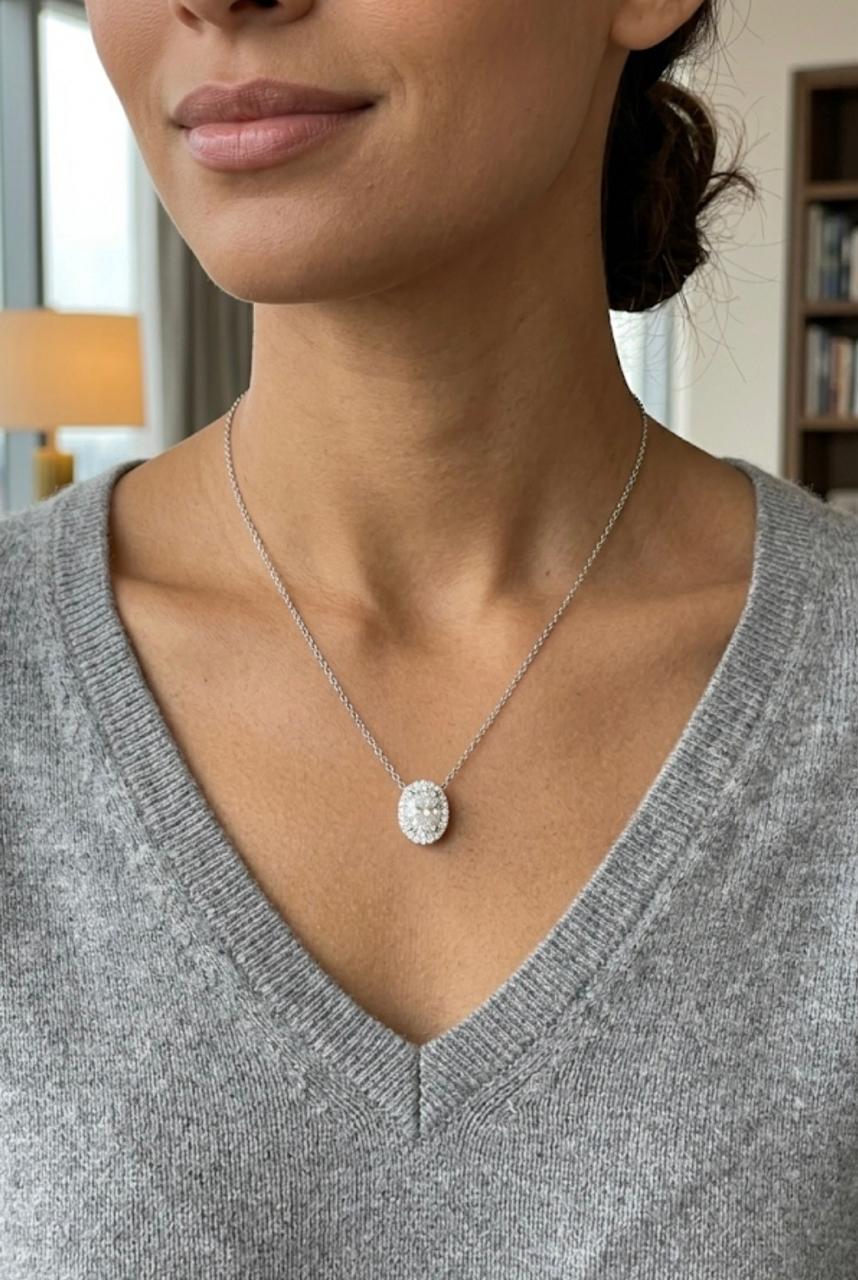 Oval Lab Diamond Halo Pendant | 14K White Gold, 3 CT IGI Certified