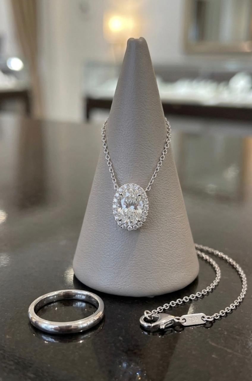 Oval Lab Diamond Halo Pendant | 14K White Gold, 3 CT IGI Certified