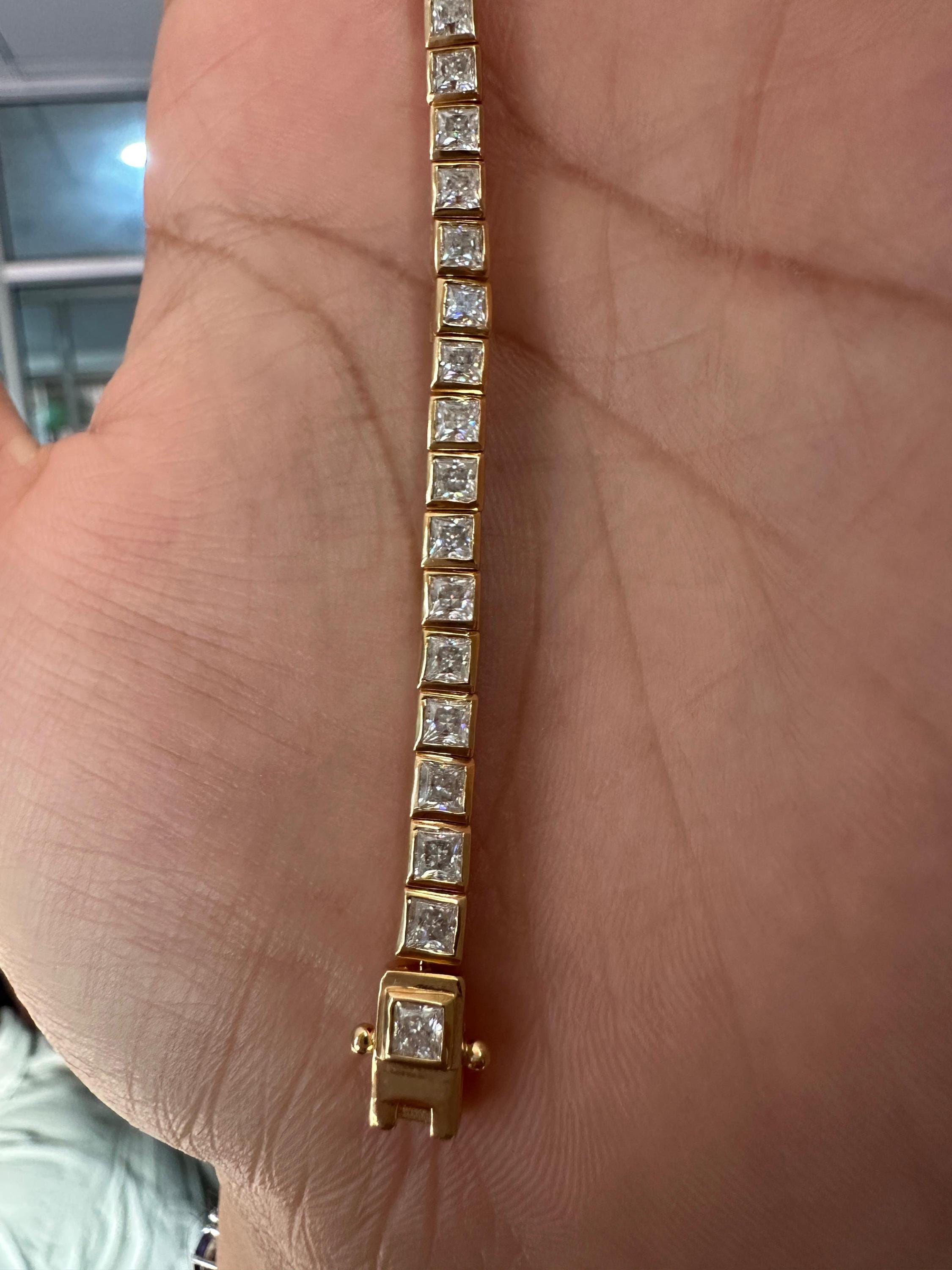 Princess Cut Moissanite Tennis Bracelet, 14K Yellow Gold Plated Bezel Setting