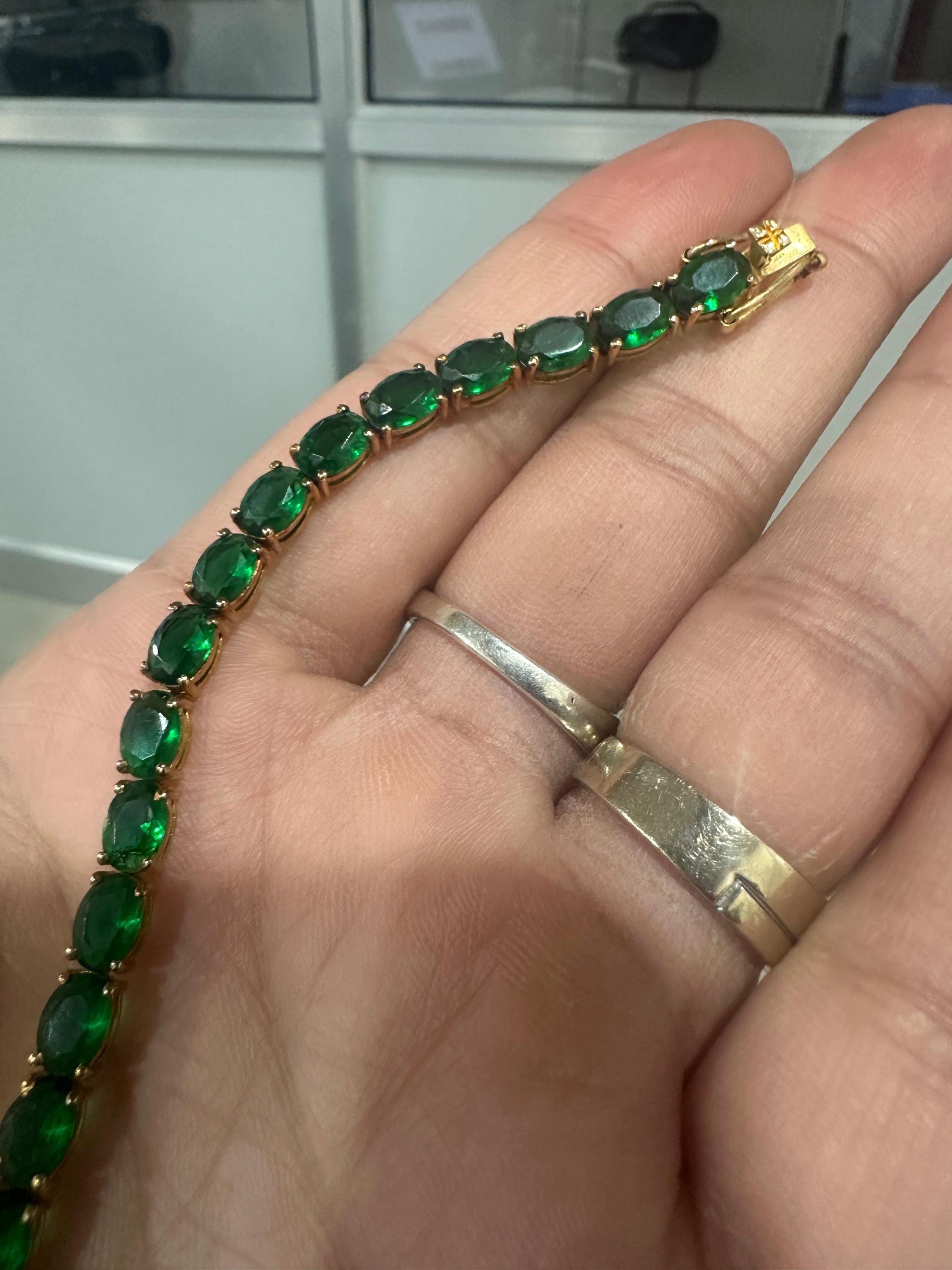 Zambian Emerald Oval Cut Tennis Bracelet | 14K Yellow Gold Finish, 22 CT