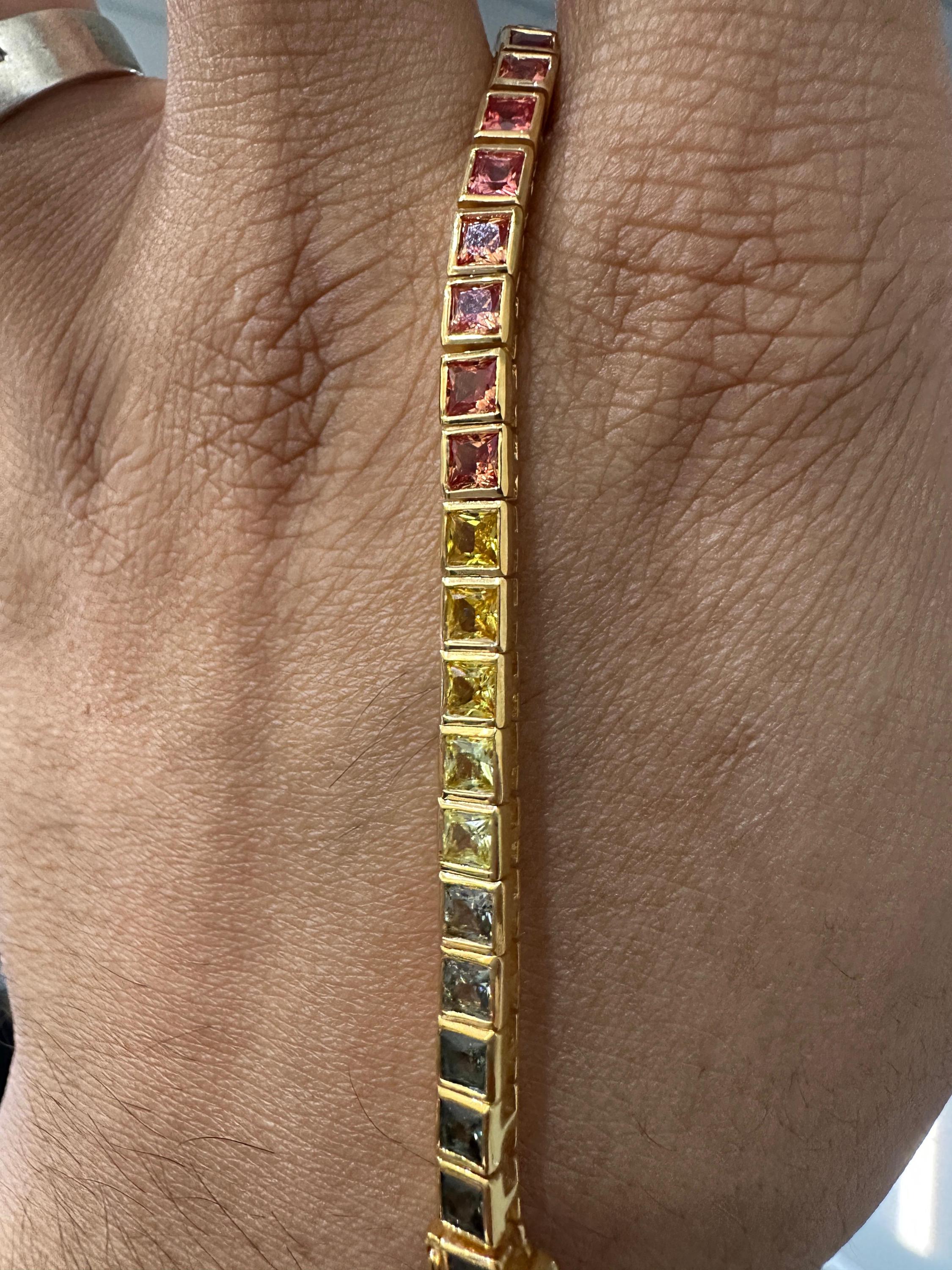 Rainbow Tourmaline Tennis Bracelet | Princess Cut 8 CT Gold Finish Bezel Set bracelet