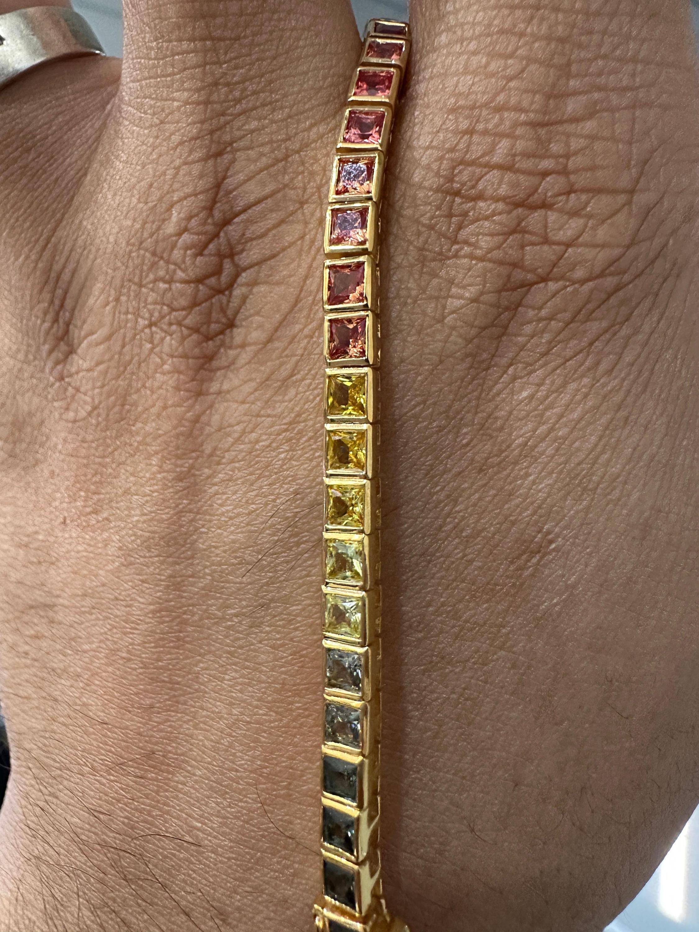Multi Color Tourmaline Tennis Bracelet | Princess Cut Bezel Set 8 CT Rainbow Gemstone Jewelry