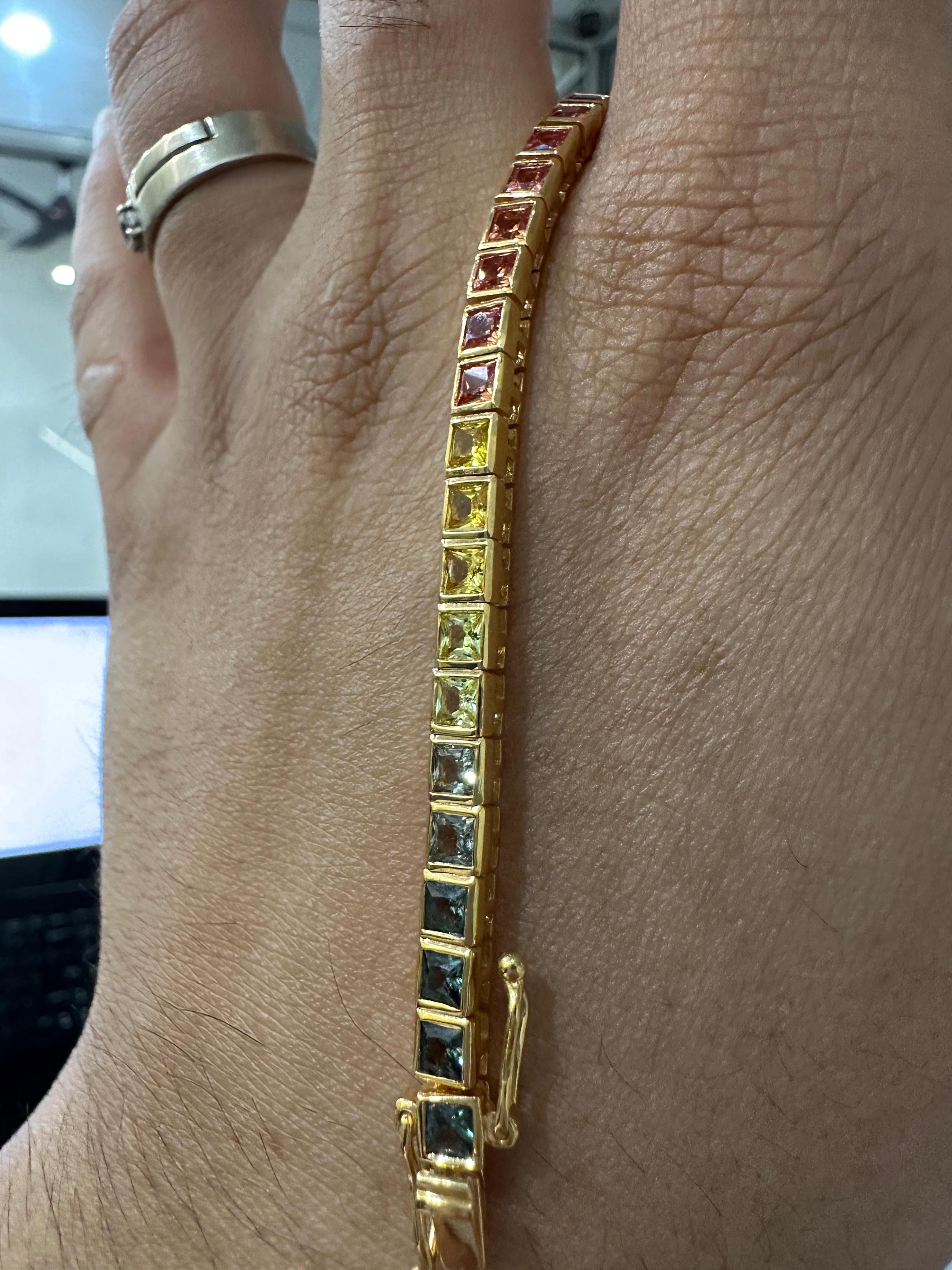 Rainbow Tourmaline Tennis Bracelet | Princess Cut 8 CT Gold Finish Bezel Set bracelet