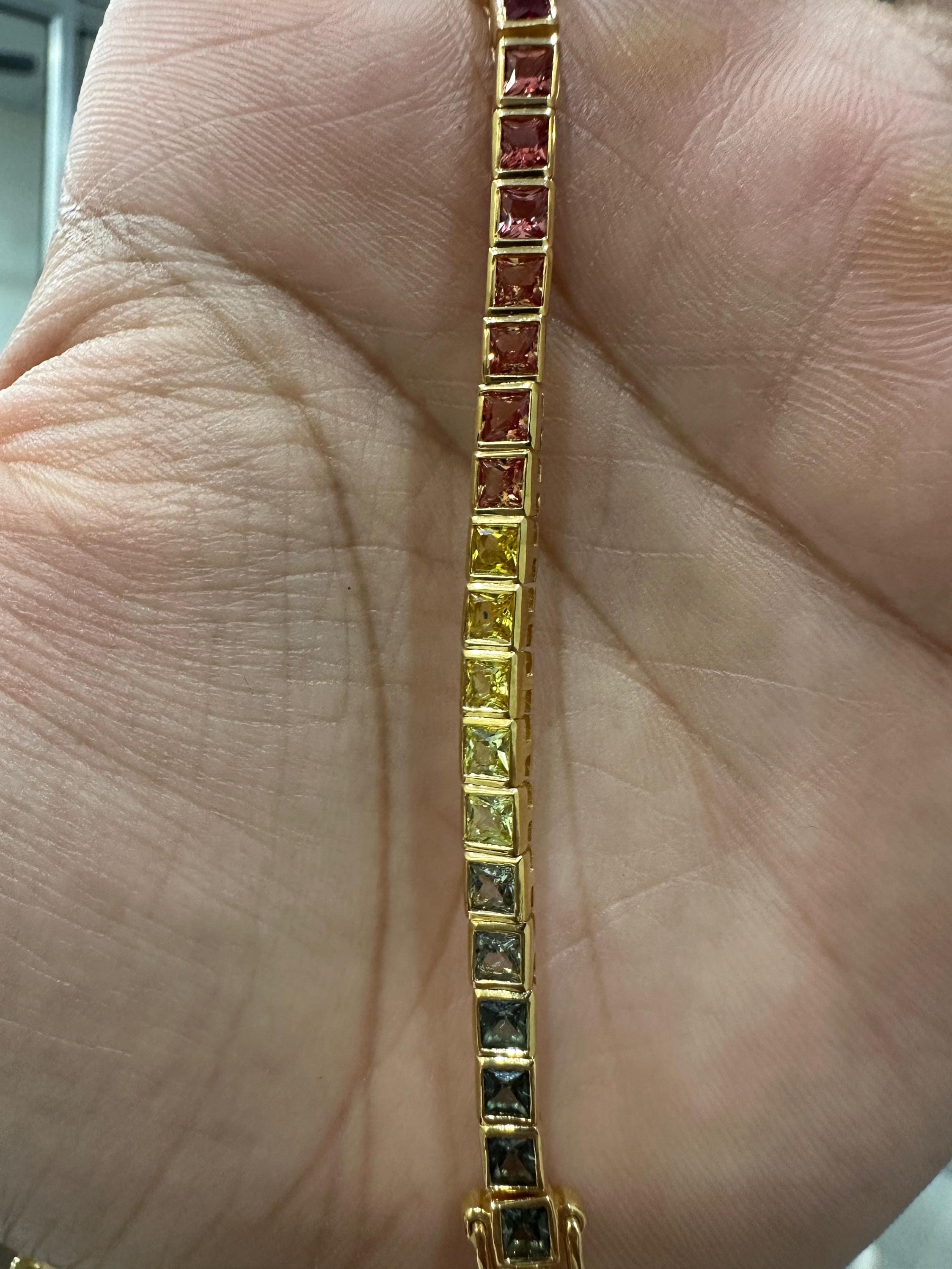 Multi Color Tourmaline Tennis Bracelet | Princess Cut Bezel Set 8 CT Rainbow Gemstone Jewelry