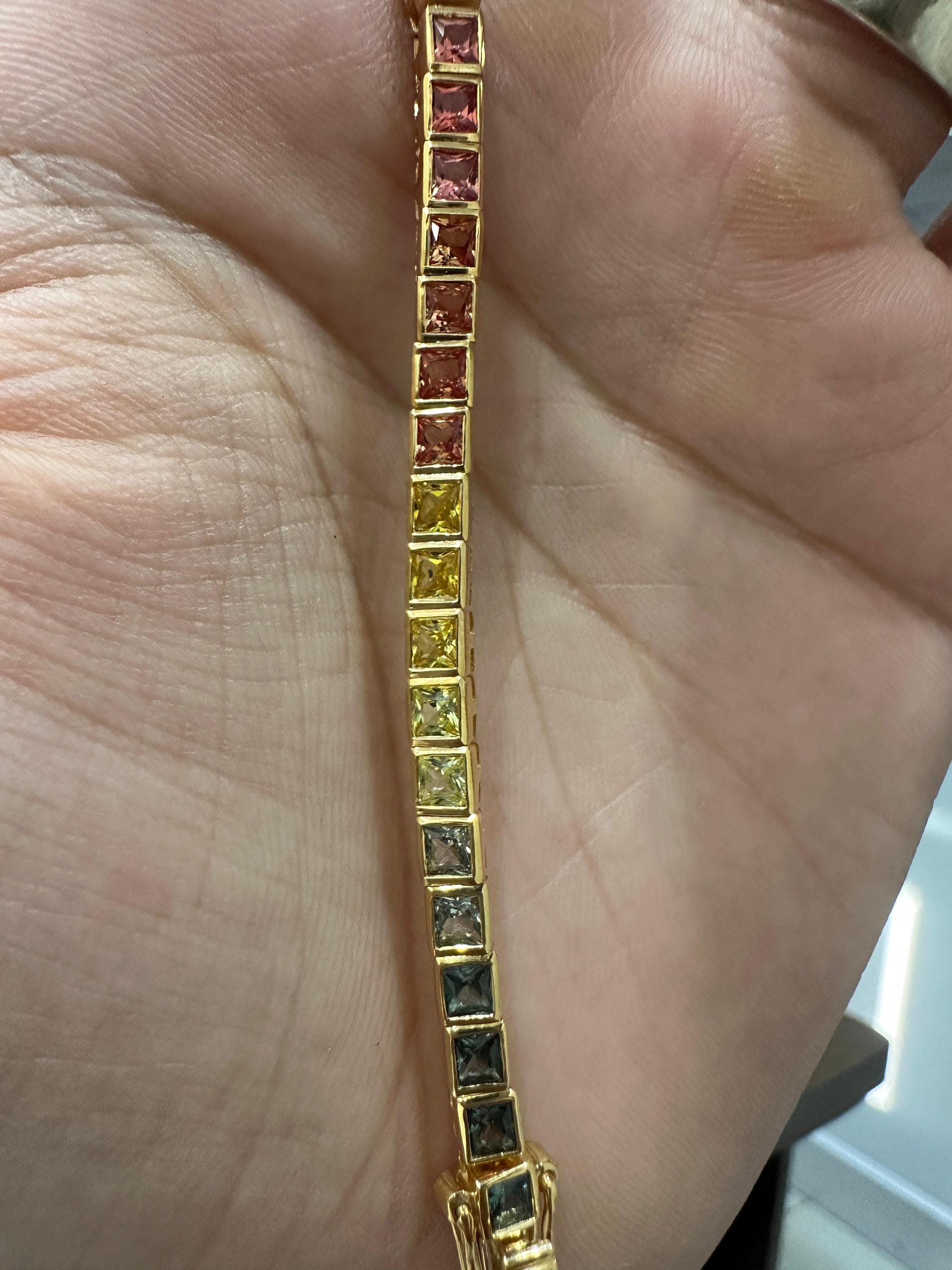 Multi Color Tourmaline Tennis Bracelet | Princess Cut Bezel Set 8 CT Rainbow Gemstone Jewelry