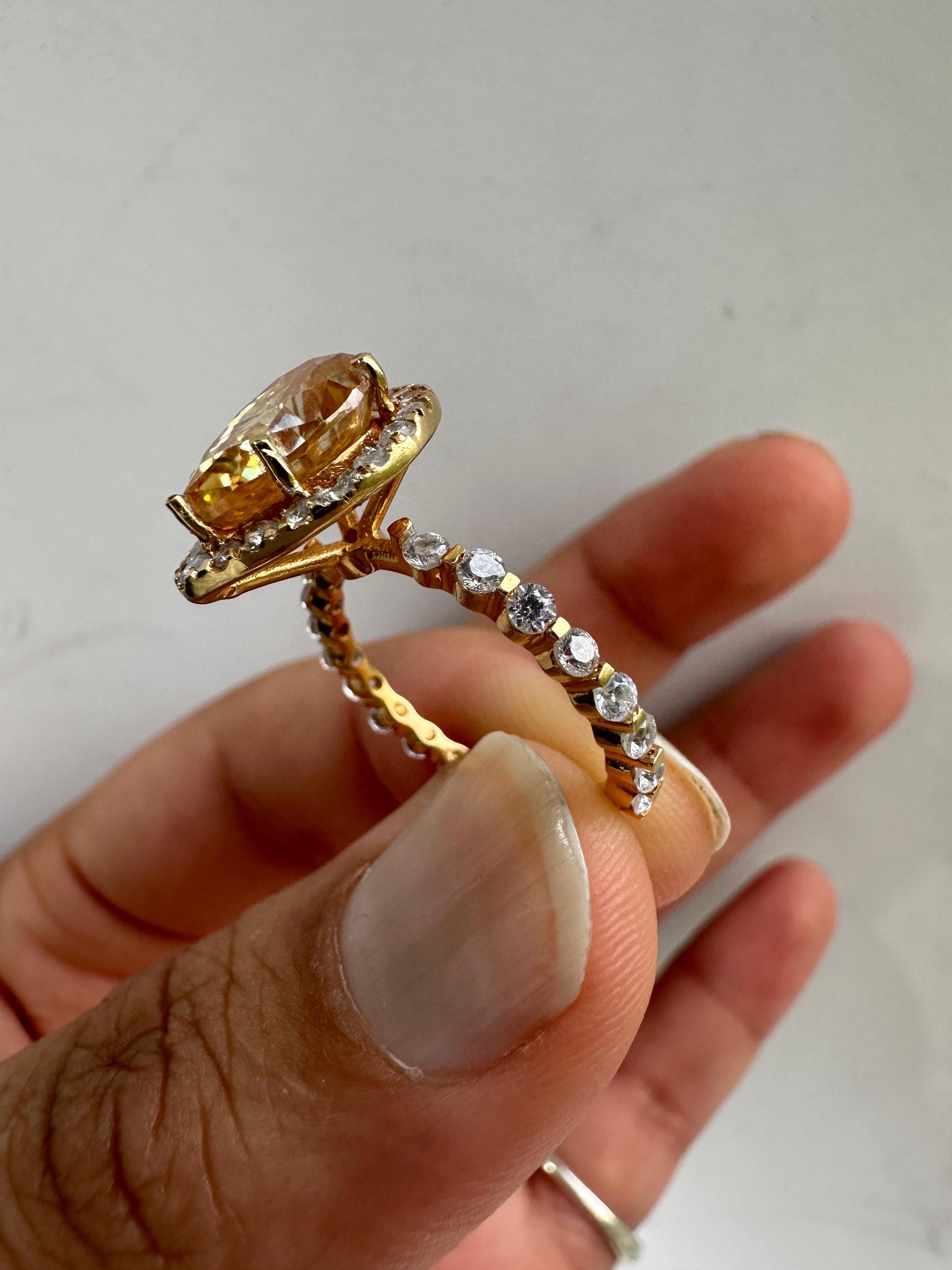 4 CT Yellow Moissanite Engagement Ring, 14k Gold Vermeil Halo Statement Ring for gift