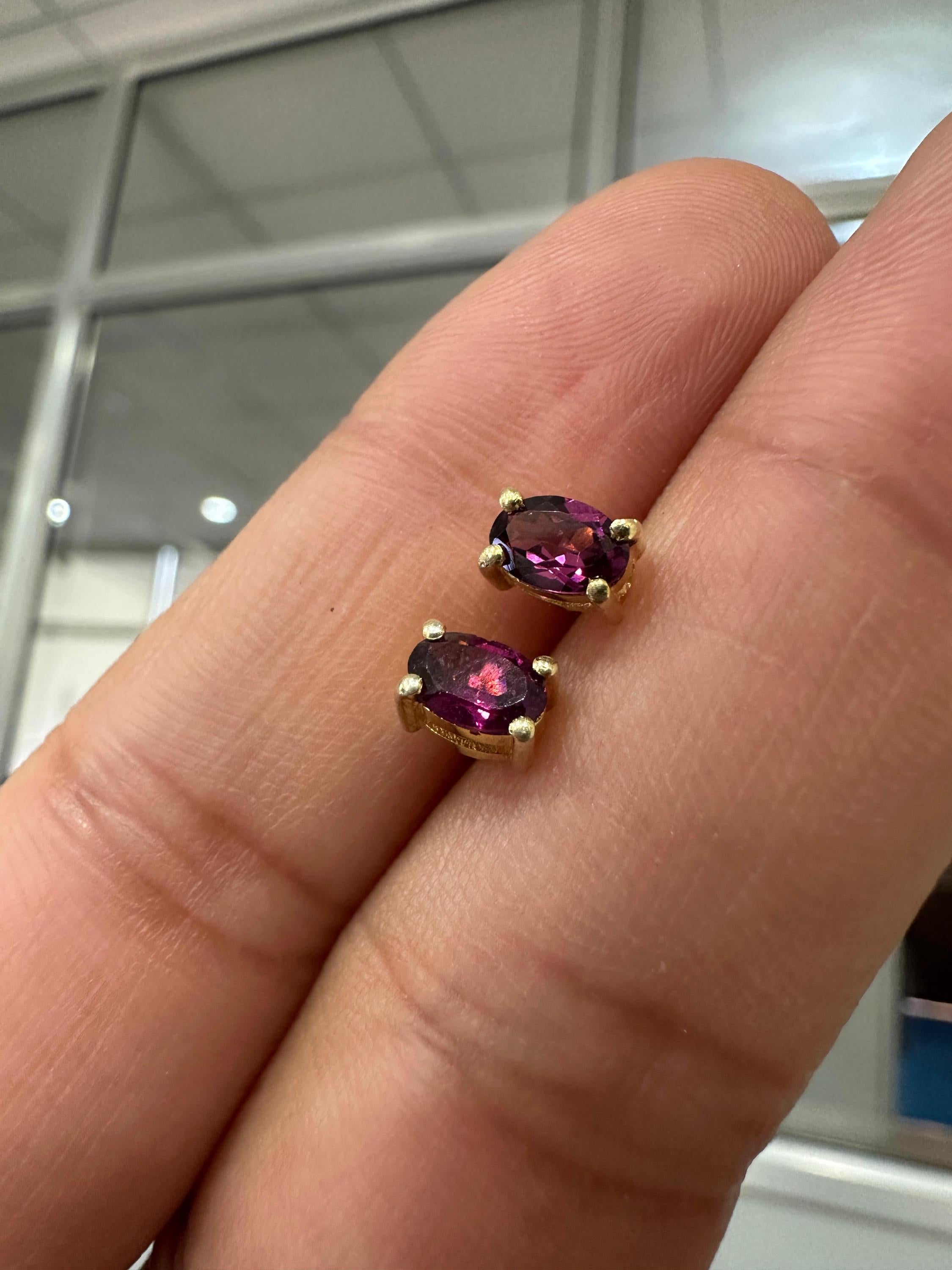 Rhodolite Garnet Oval Stud Earrings | 14K Yellow Gold, 1 CT Red Gemstone Minimalist Jewelry