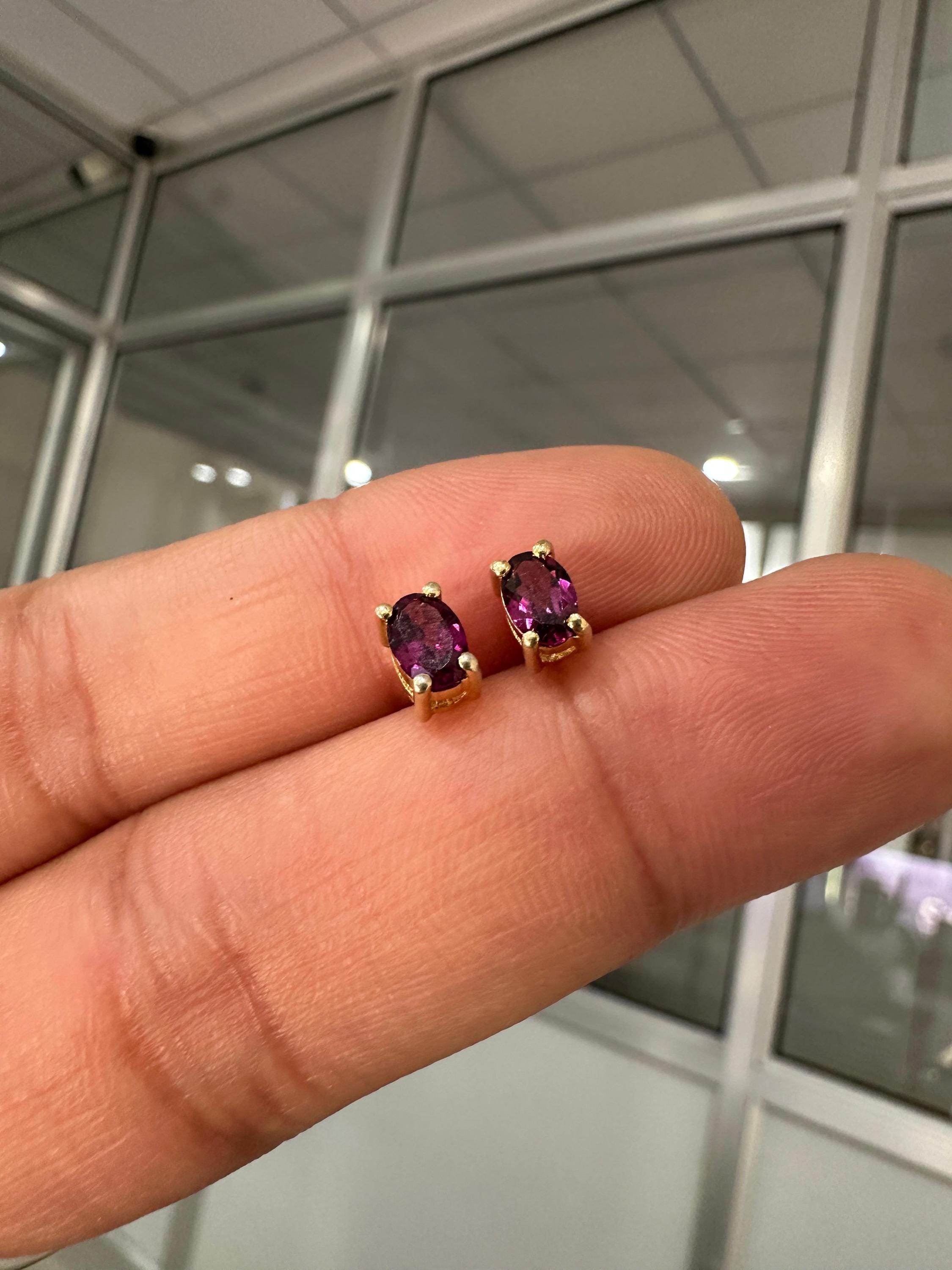 Rhodolite Garnet Oval Stud Earrings | 14K Yellow Gold, 1 CT Red Gemstone Minimalist Jewelry