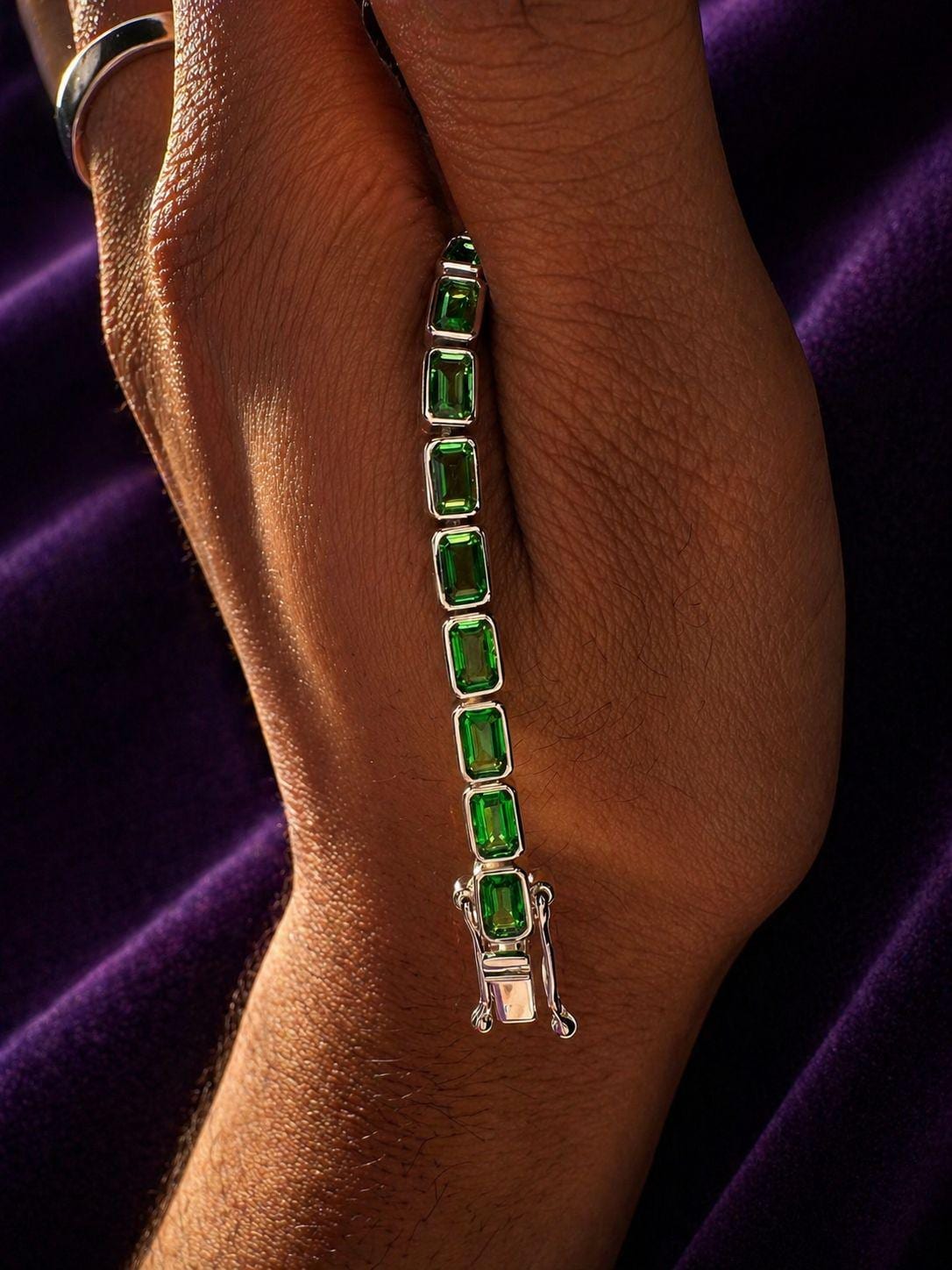 Men's Emerald Cut Tennis Bracelet, 925 Sterling Silver, Bezel Set, 12 CT Lab Emerald