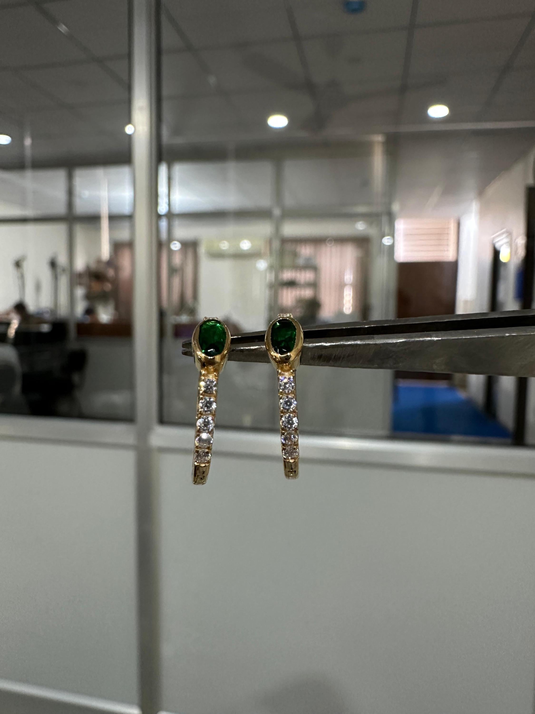 Lab Zambian Emerald Hoop Earrings | 14K Yellow Gold Oval Diamond Huggie May Birthstone