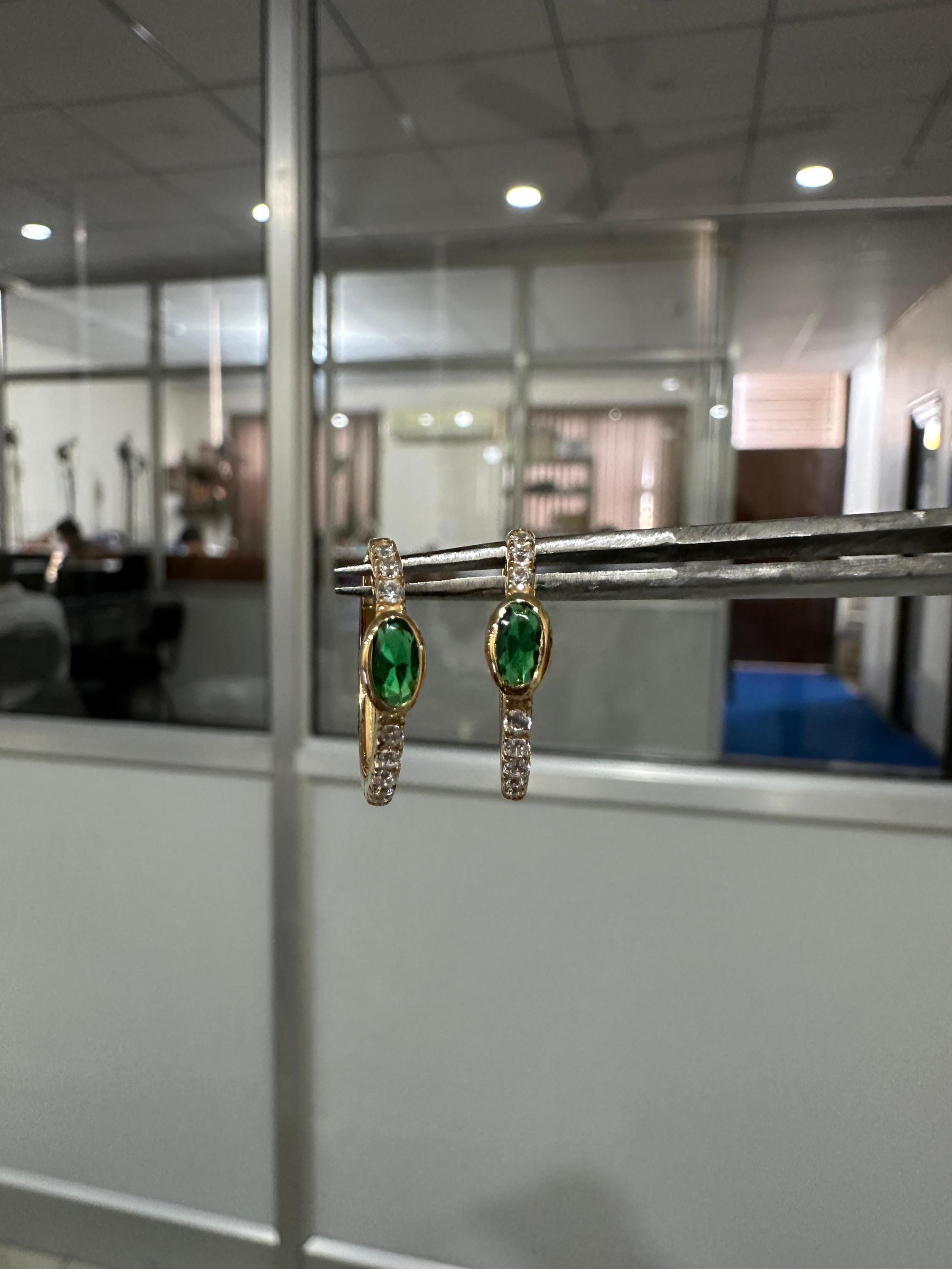 Lab Zambian Emerald Hoop Earrings | 14K Yellow Gold Oval Diamond Huggie May Birthstone