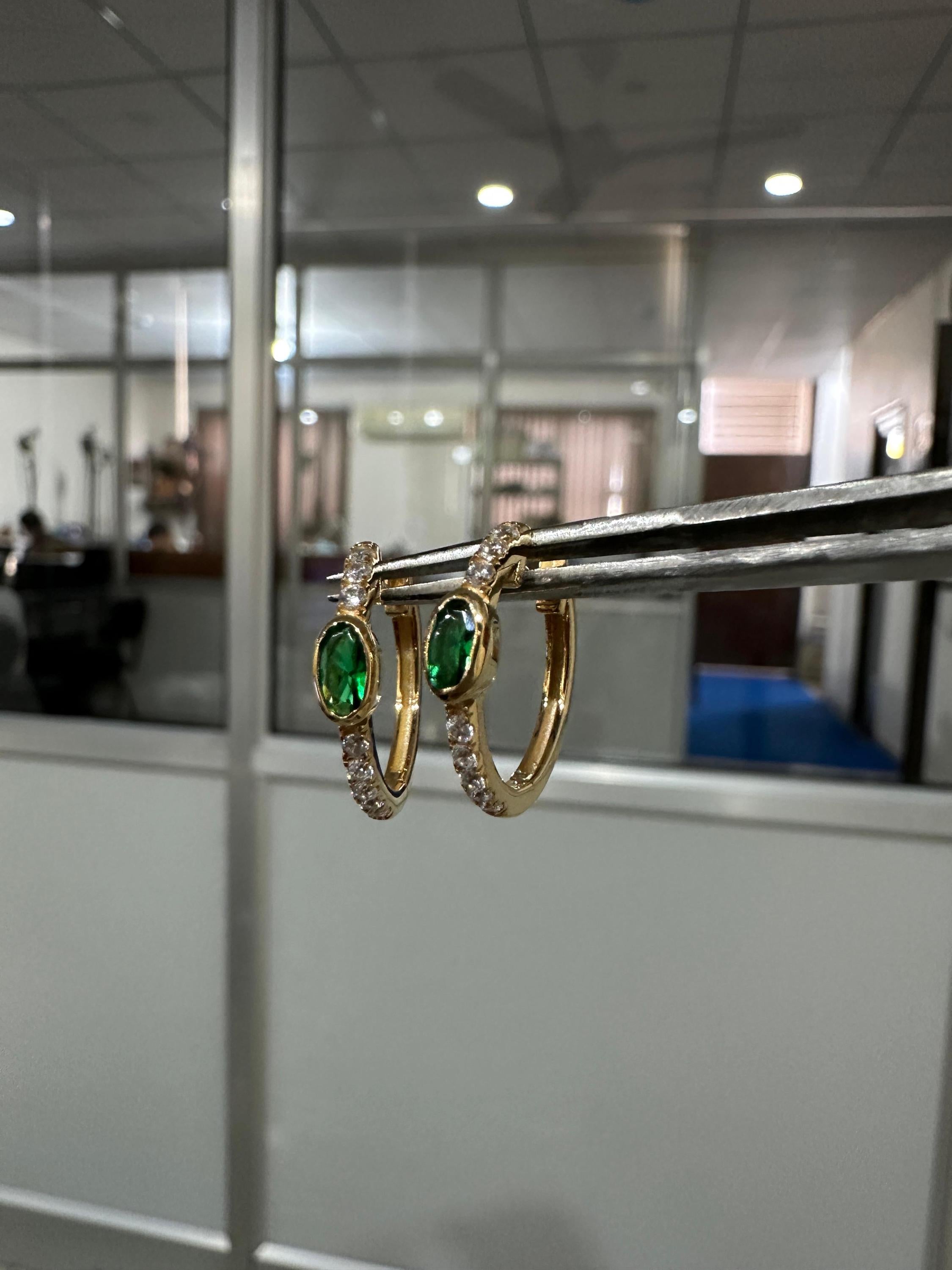 Lab Zambian Emerald Hoop Earrings | 14K Yellow Gold Oval Diamond Huggie May Birthstone