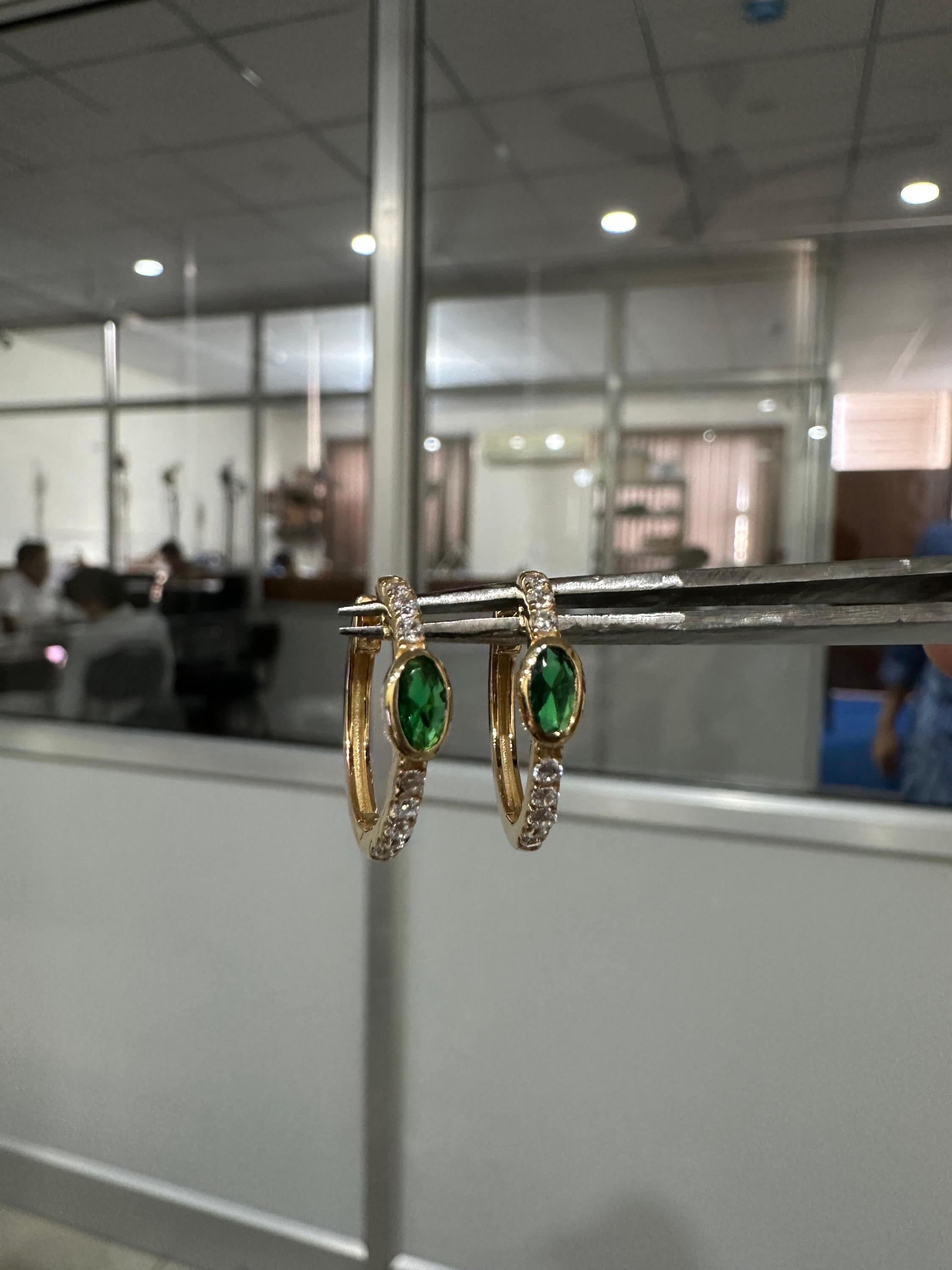 Lab Zambian Emerald Hoop Earrings | 14K Yellow Gold Oval Diamond Huggie May Birthstone