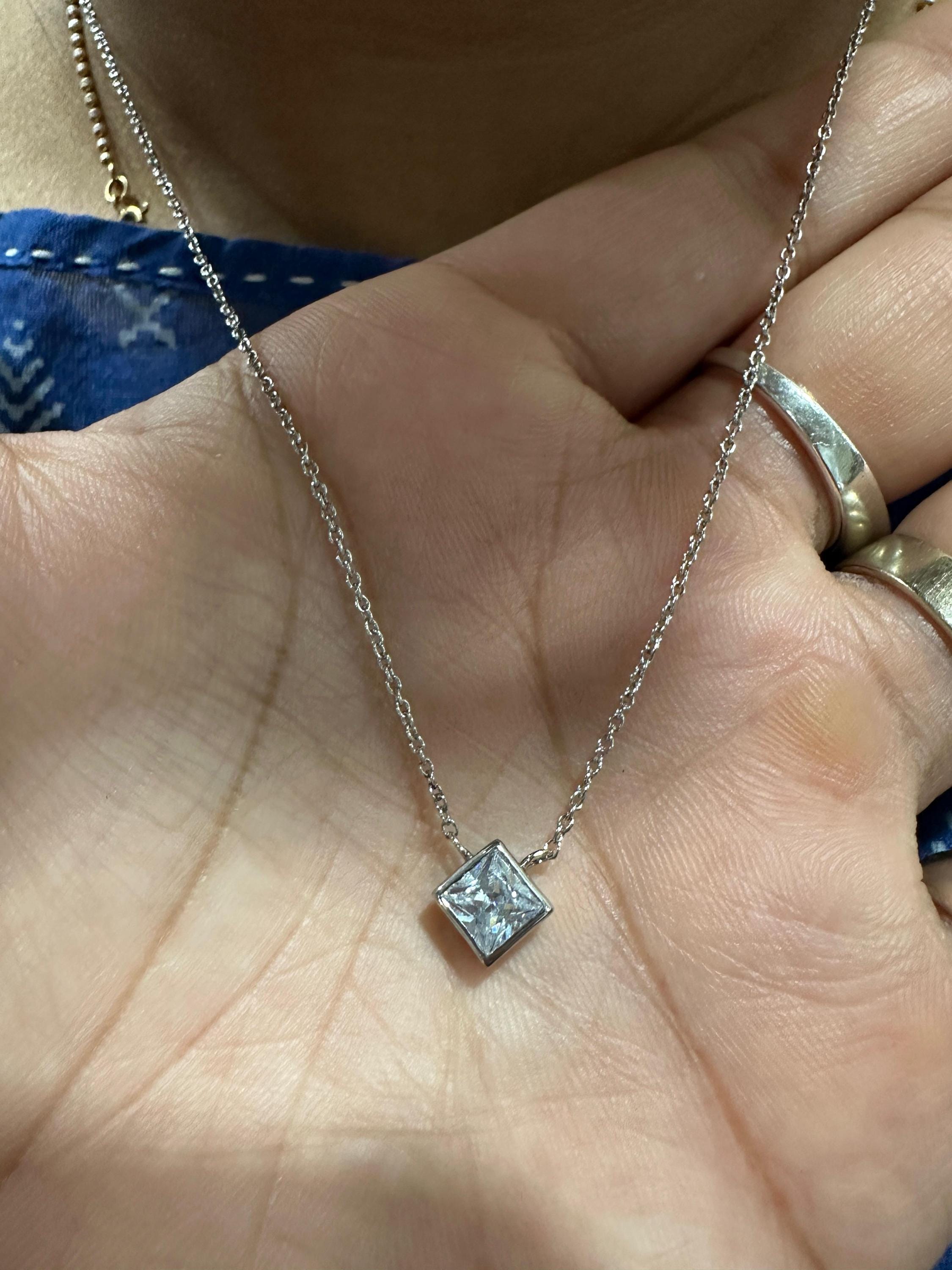 Princess Cut Moissanite Kite Pendant Necklace | 925 Sterling Silver Solitaire Bezel Set