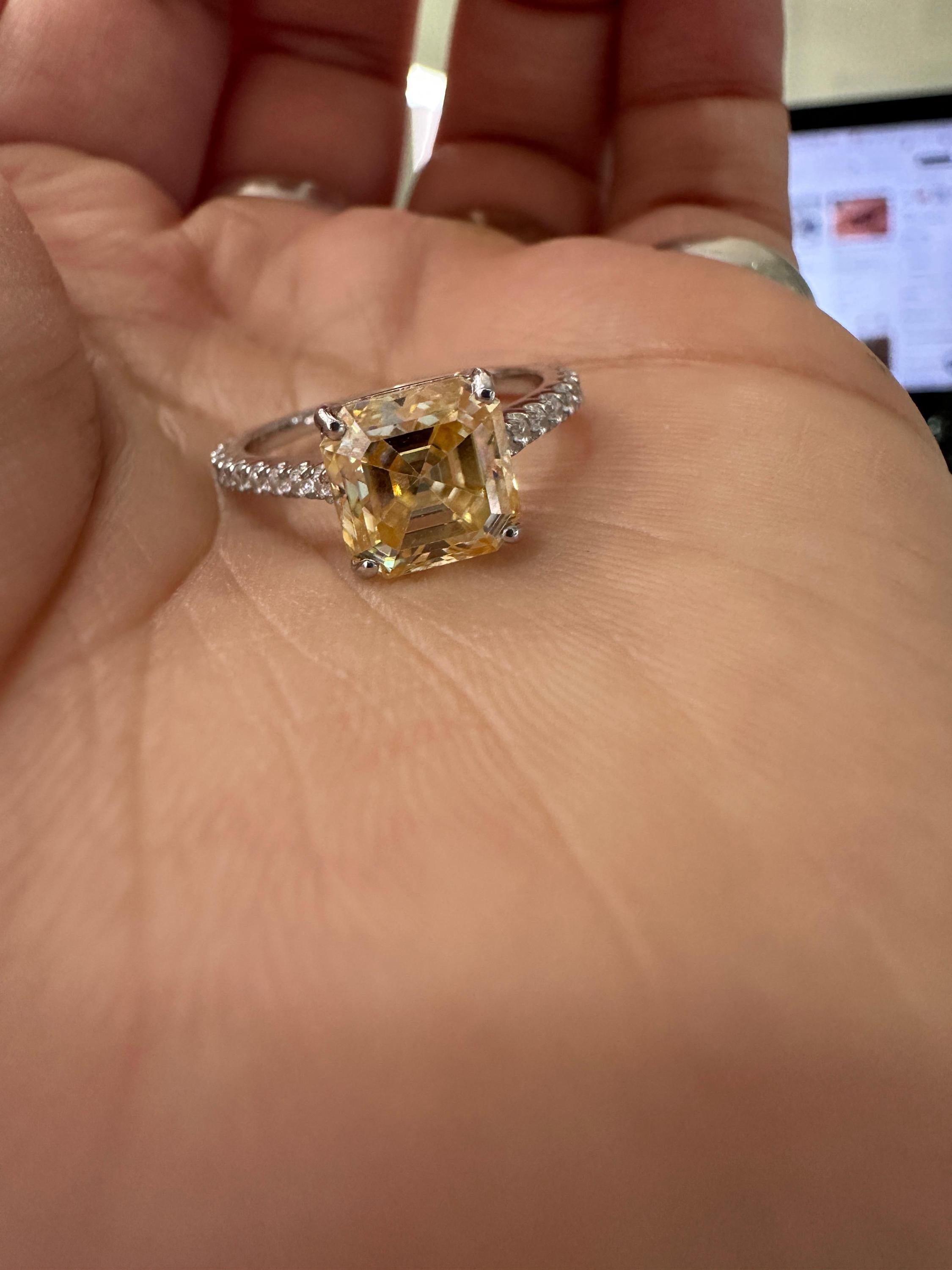 3 CT Asscher Cut Yellow Diamond Engagement Ring | 14k White Gold Vintage Ring