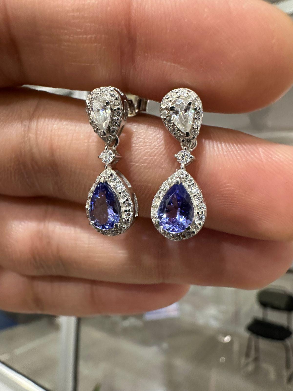 Natural Tanzanite Halo Drop Earrings, 14K White Gold, Pear Cut Moissanite Bridal Jewelry