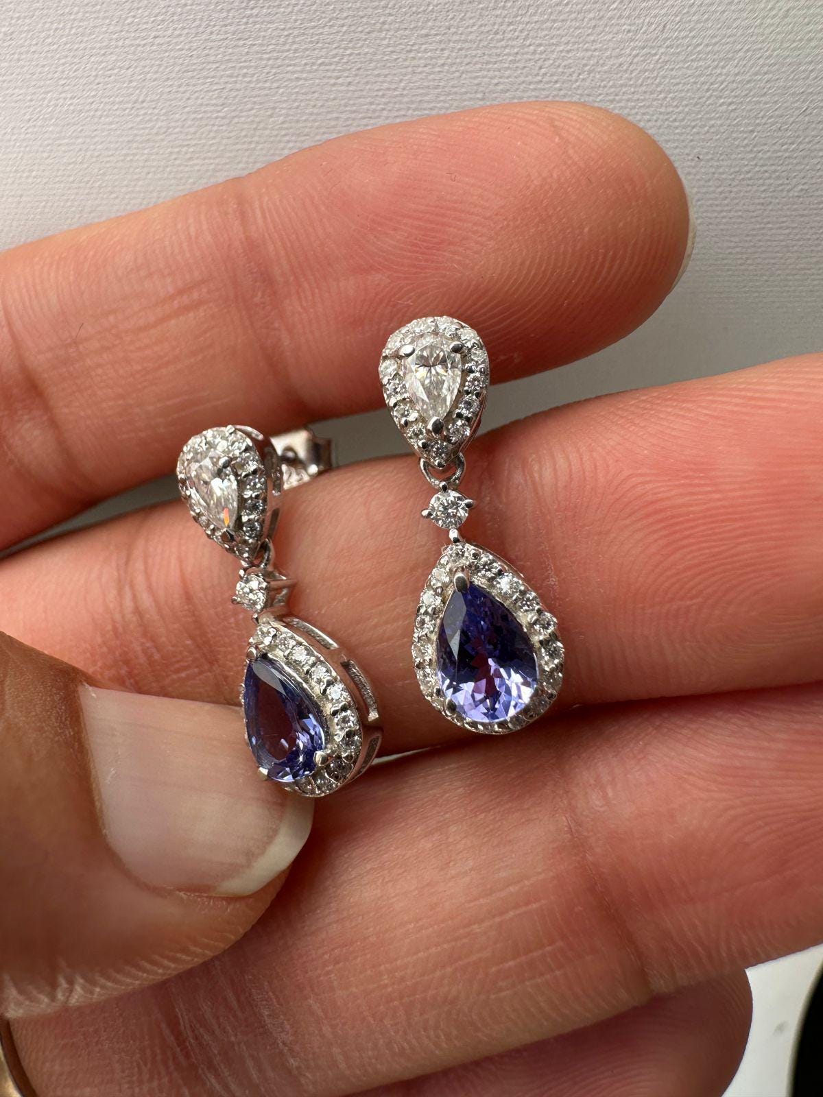 Natural Tanzanite Halo Drop Earrings, 14K White Gold, Pear Cut Moissanite Bridal Jewelry