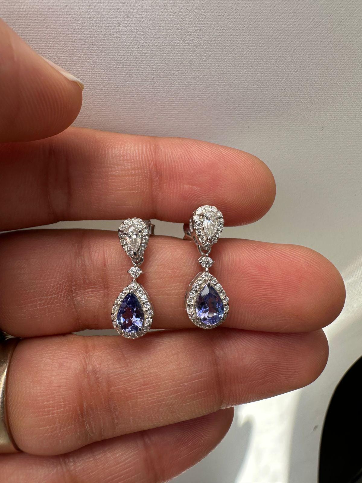 Natural Tanzanite Halo Drop Earrings, 14K White Gold, Pear Cut Moissanite Bridal Jewelry