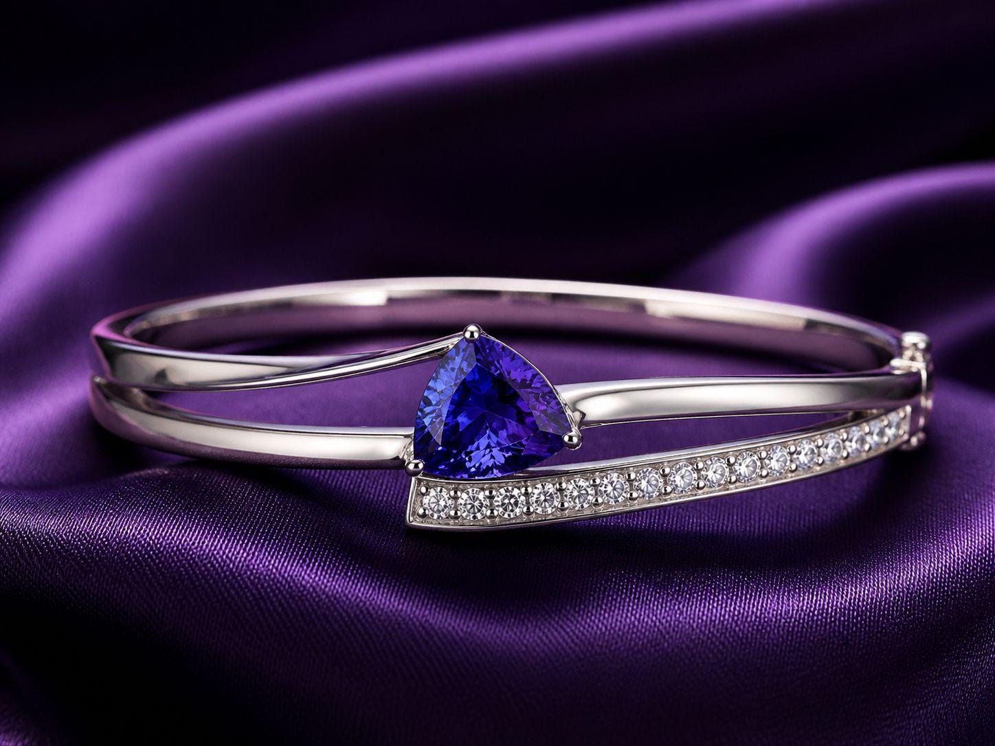 Custom made Trillion Tanzanite Diamond Bangle Bracelet 14K White Gold, Luxurious Jewelry gift