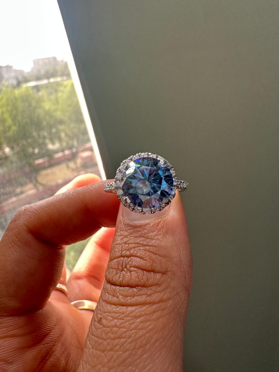 4 CT Blue Alexandrite Moissanite Engagement Ring | 14K White Gold Halo, Pave Band