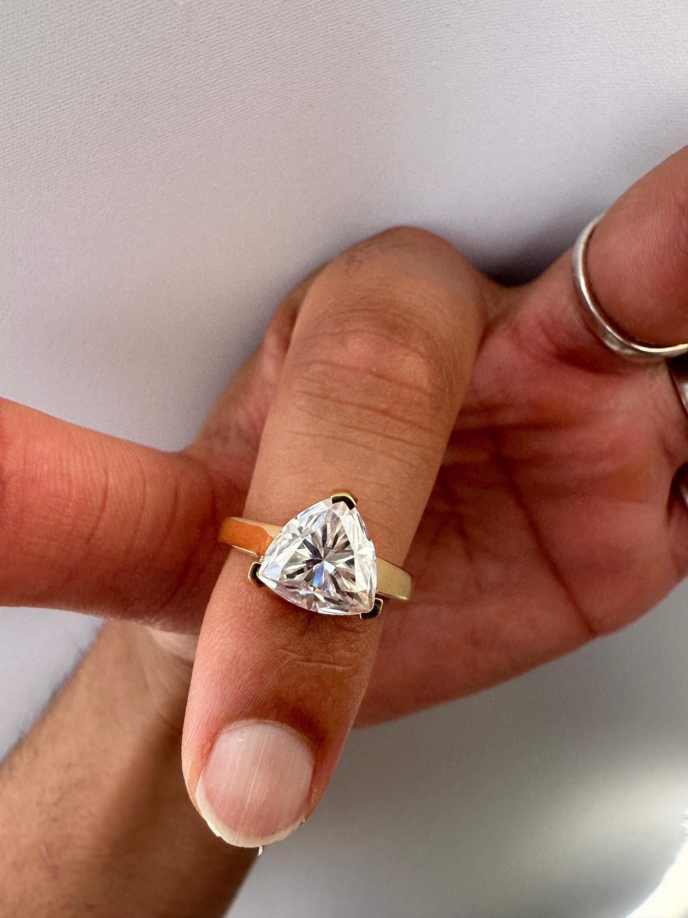 3 Carat Trillion Moissanite Engagement Ring, 14K Yellow Gold Modern Statement Ring