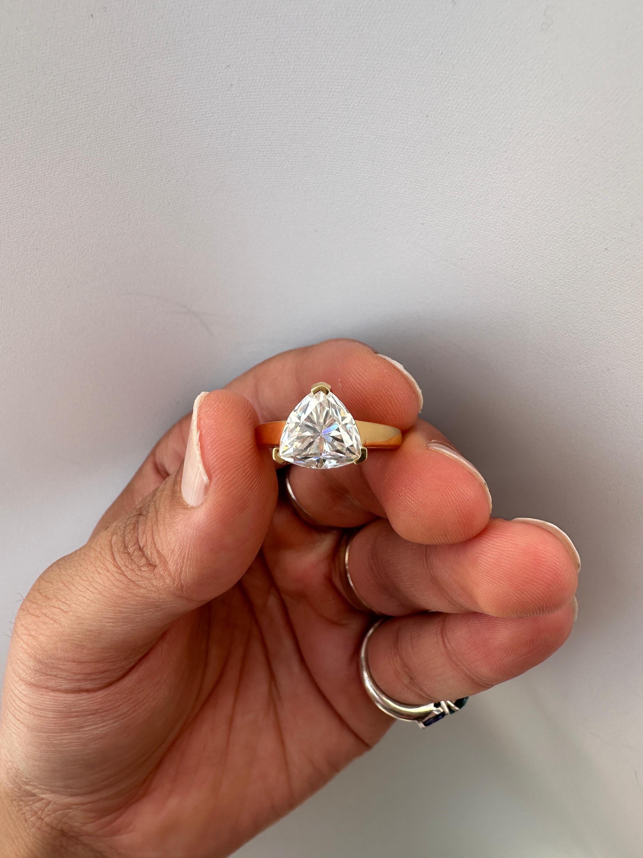 3 Carat Trillion Moissanite Engagement Ring, 14K Yellow Gold Modern Statement Ring