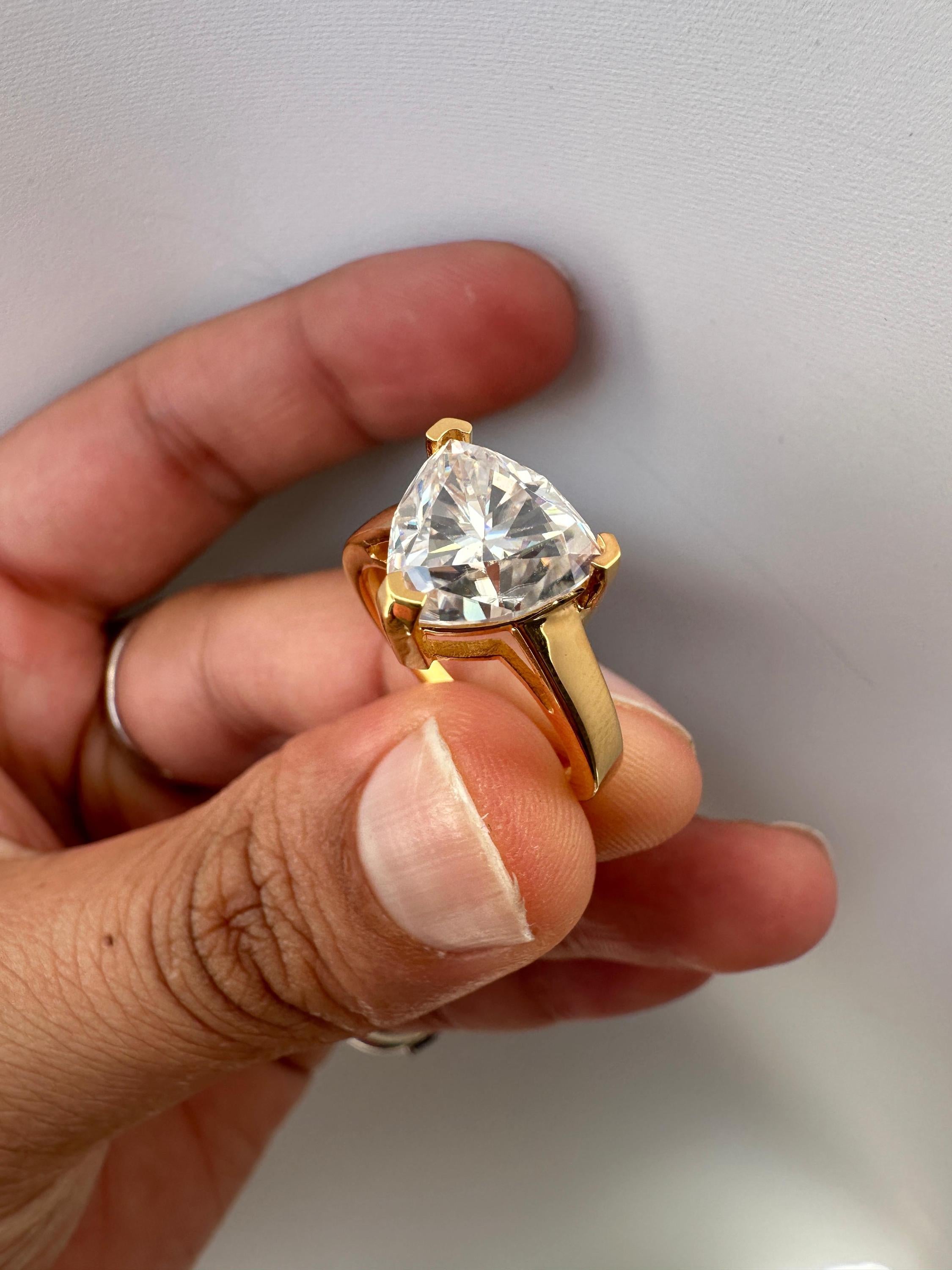 3 Carat Trillion Moissanite Engagement Ring, 14K Yellow Gold Modern Statement Ring