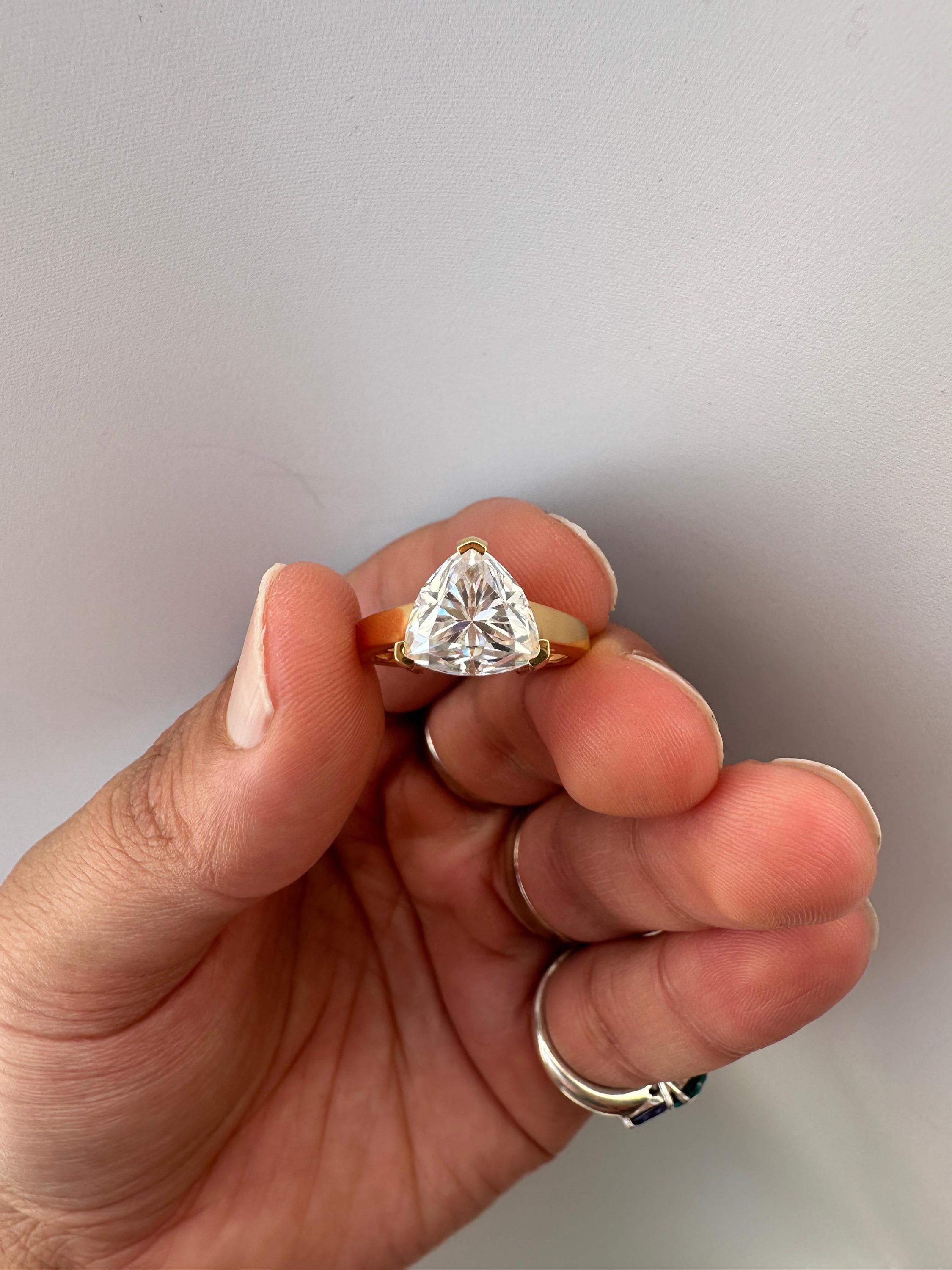 3 Carat Trillion Moissanite Engagement Ring, 14K Yellow Gold Modern Statement Ring