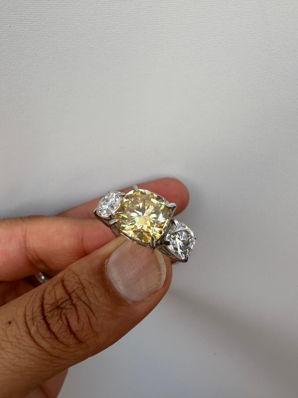 Canary Yellow Cushion Cut Moissanite Sterling Silver Ring | Three Stone Engagement Band