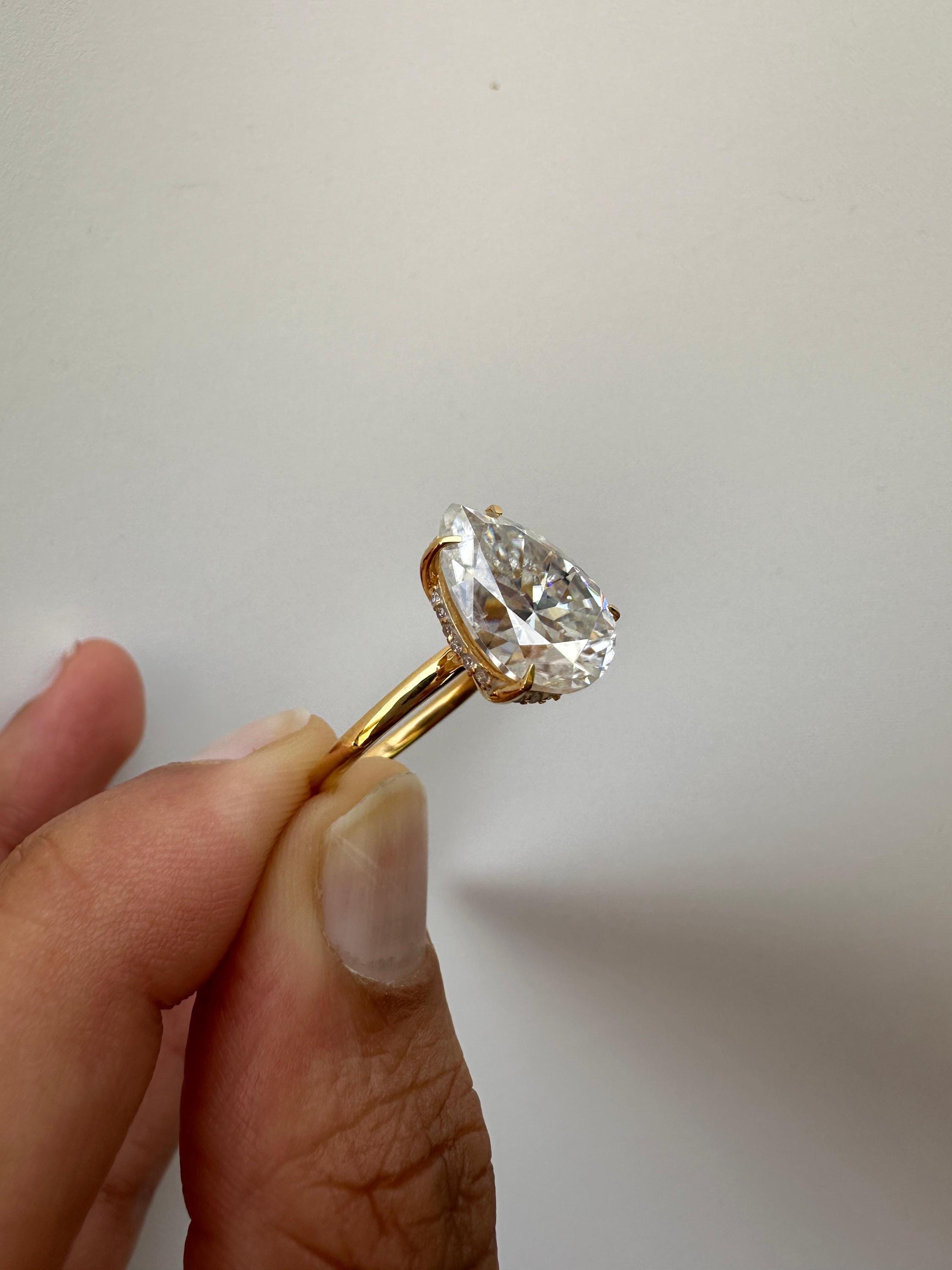 6 Carat Pear Moissanite Engagement Ring | 14K Yellow Gold Solitaire with Hidden Halo