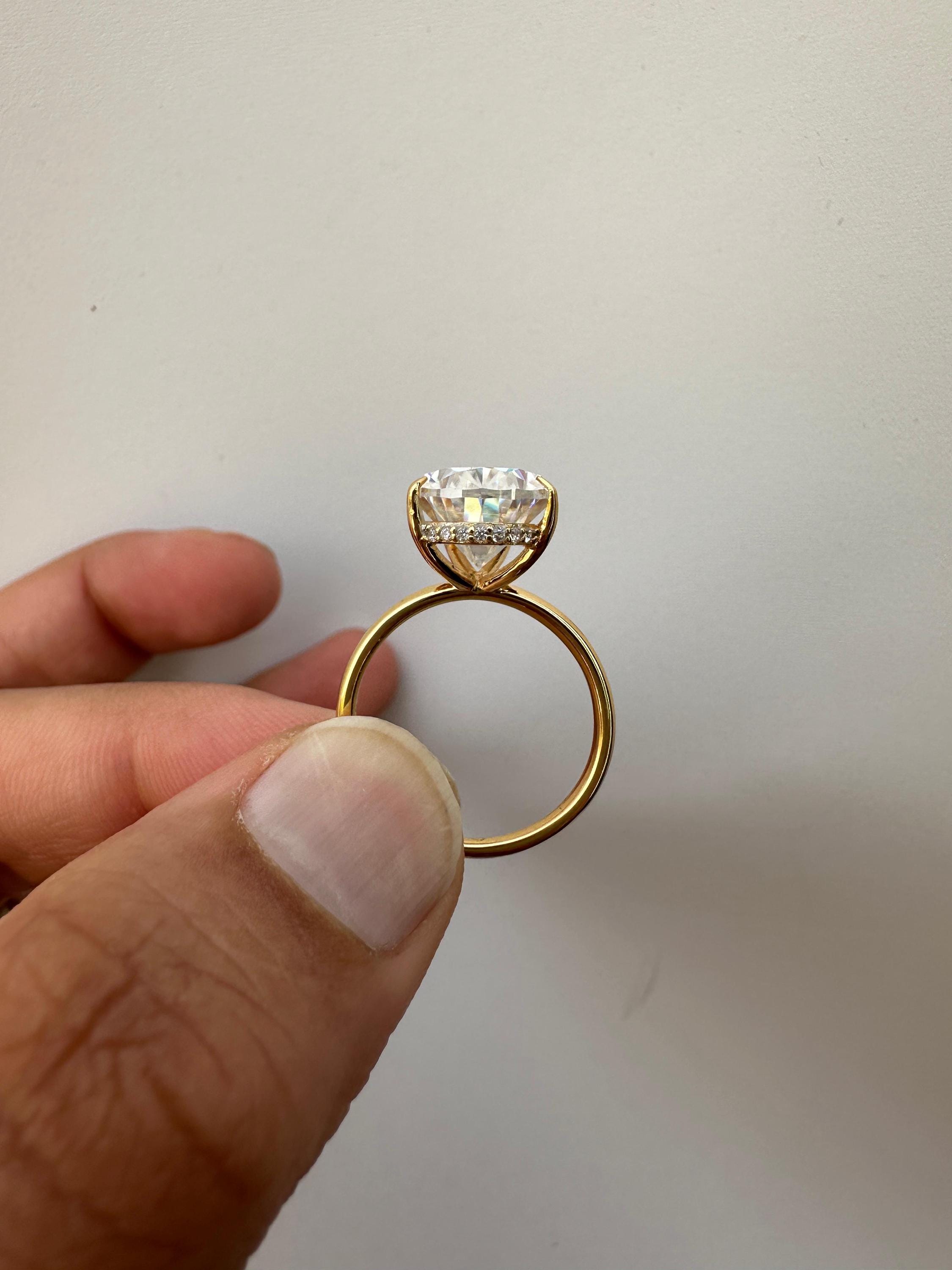 6 Carat Pear Moissanite Engagement Ring | 14K Yellow Gold Solitaire with Hidden Halo