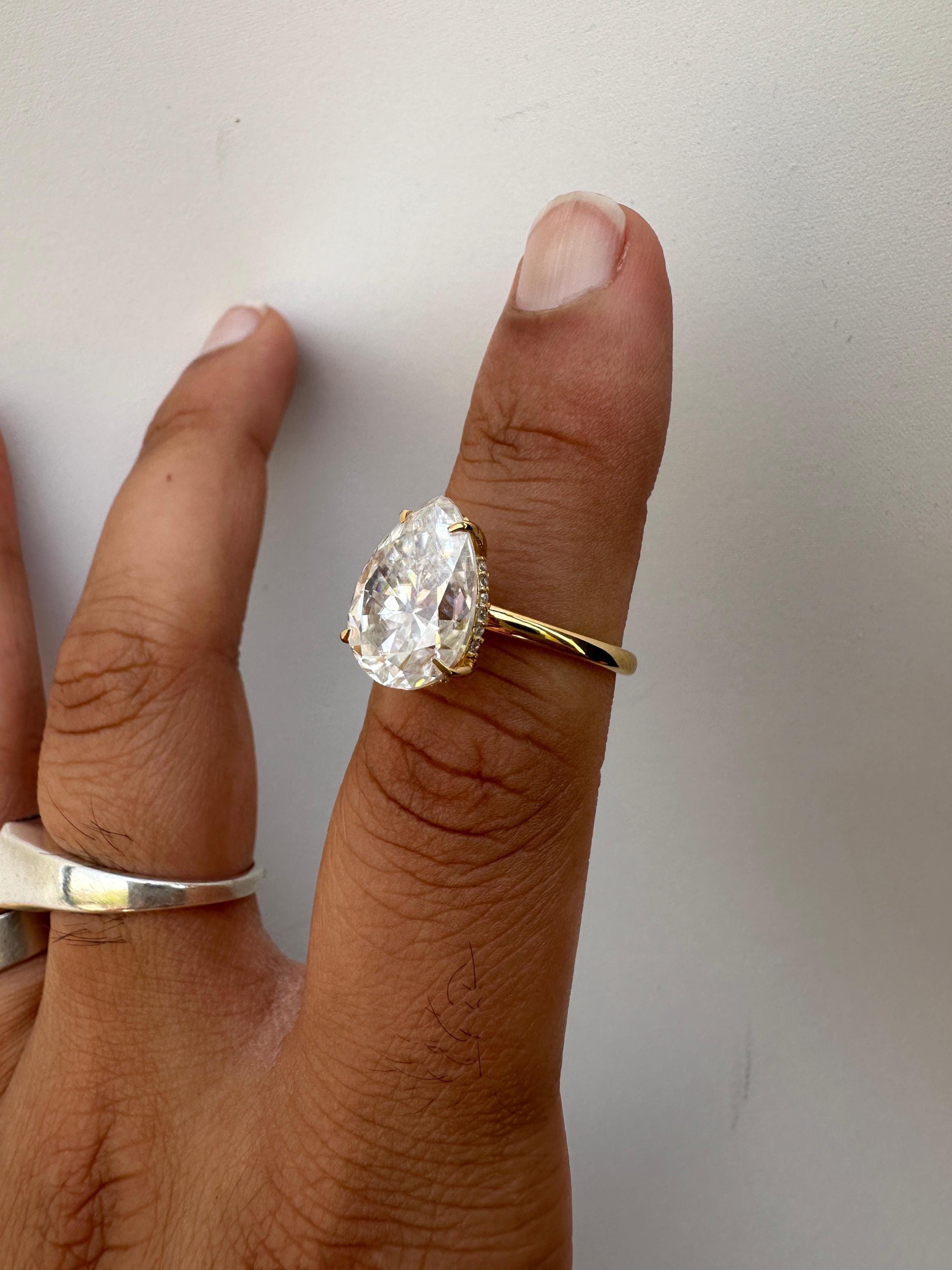 6 Carat Pear Moissanite Engagement Ring | 14K Yellow Gold Solitaire with Hidden Halo