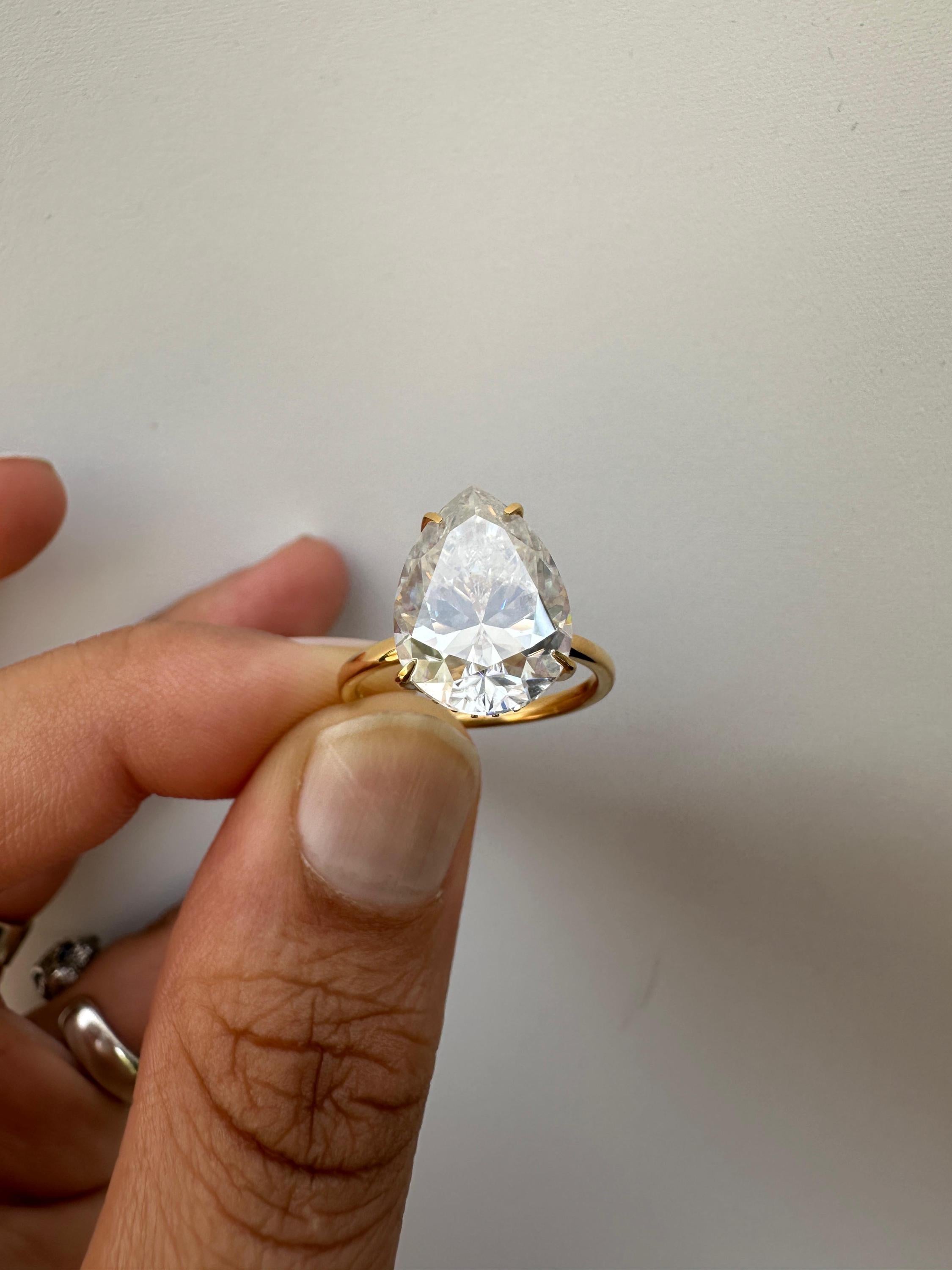 6 Carat Pear Moissanite Engagement Ring | 14K Yellow Gold Solitaire with Hidden Halo