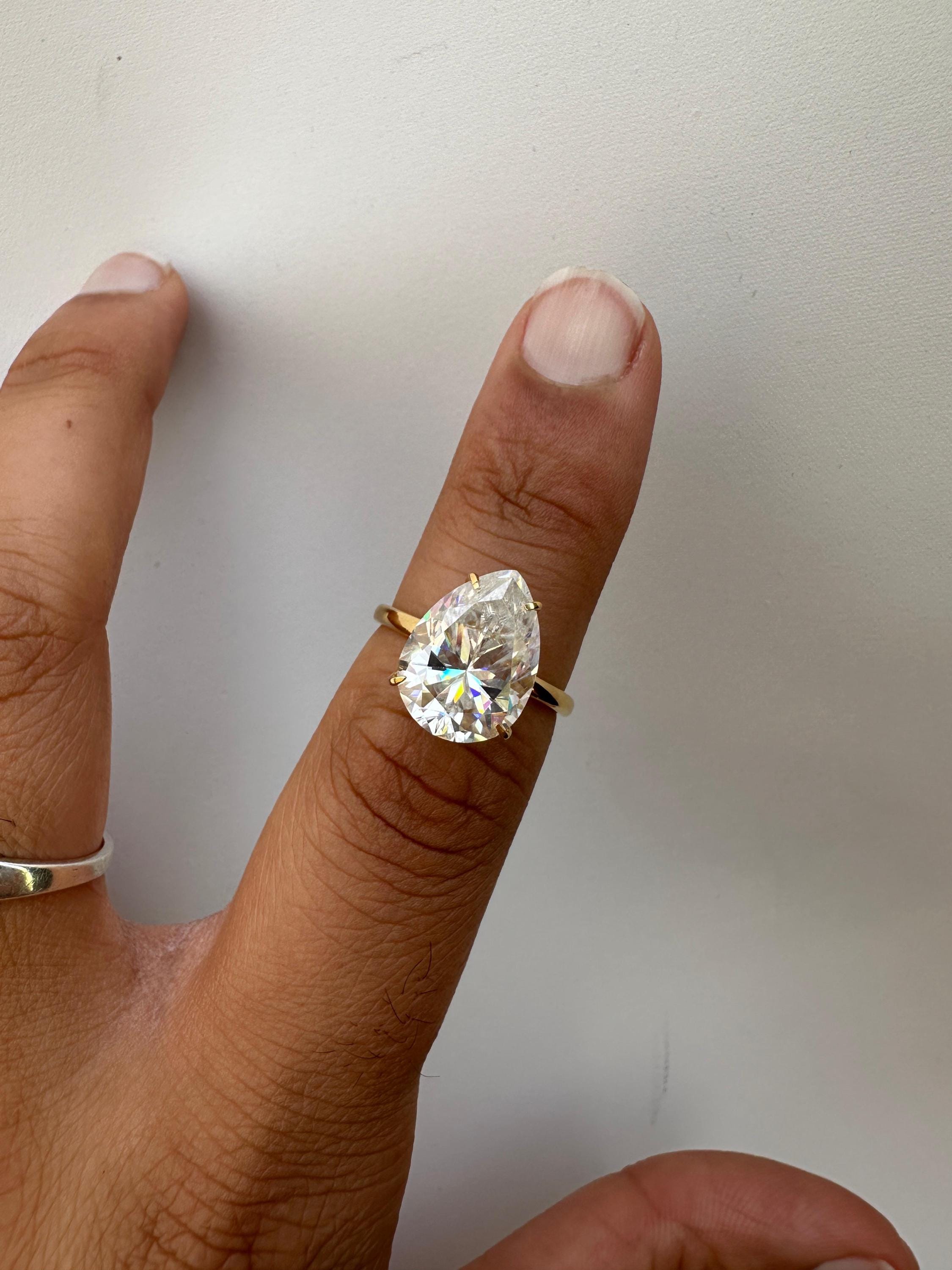 6 Carat Pear Moissanite Engagement Ring | 14K Yellow Gold Solitaire with Hidden Halo