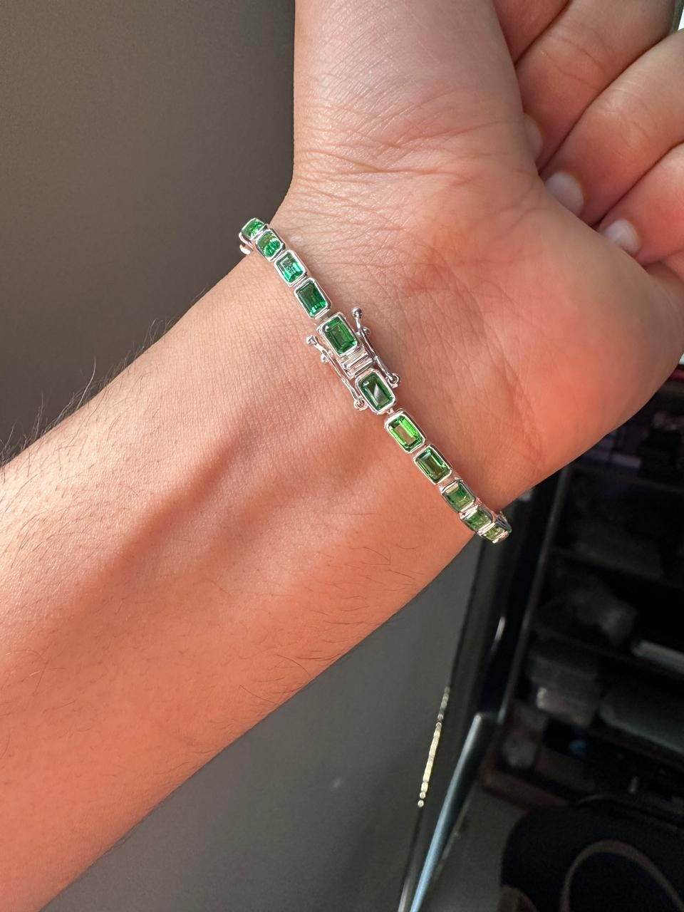 Men's Emerald Cut Tennis Bracelet, 925 Sterling Silver, Bezel Set, 12 CT Lab Emerald