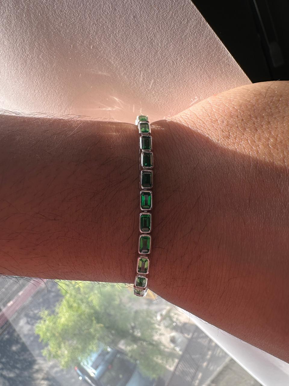 Men's Emerald Cut Tennis Bracelet, 925 Sterling Silver, Bezel Set, 12 CT Lab Emerald