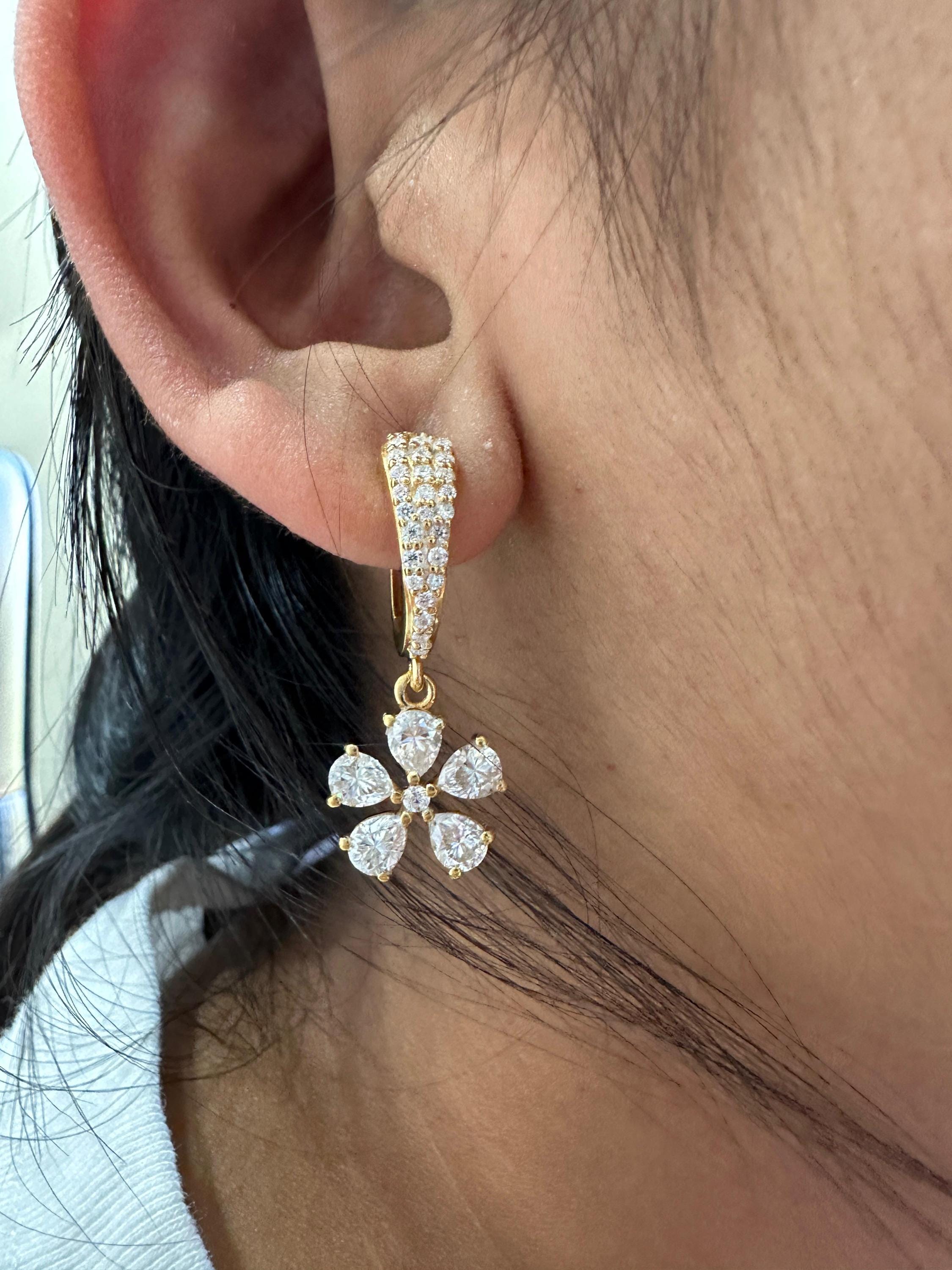 Luxury Moissanite Flower Hoop Drop Earrings, Unique Pear Cut Bridal Jewelry