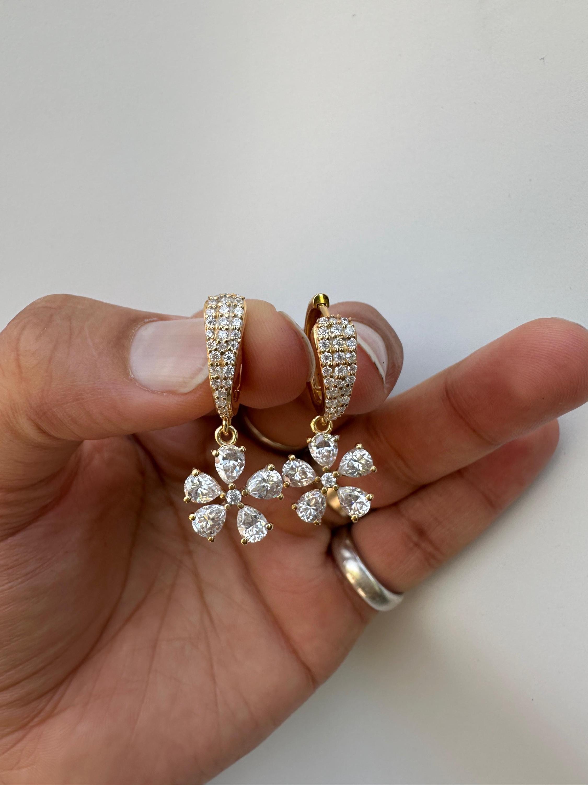 Luxury Moissanite Flower Hoop Drop Earrings, Unique Pear Cut Bridal Jewelry