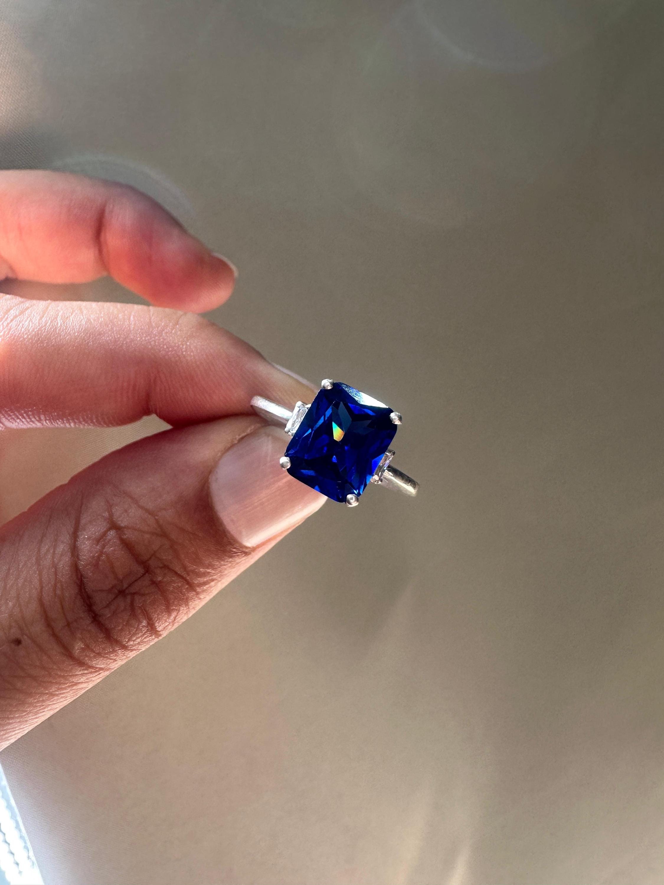 Emerald Cut Lab Sapphire Ring, Three Stone Baguette Moissanite, 14K White Gold Engagement Ring