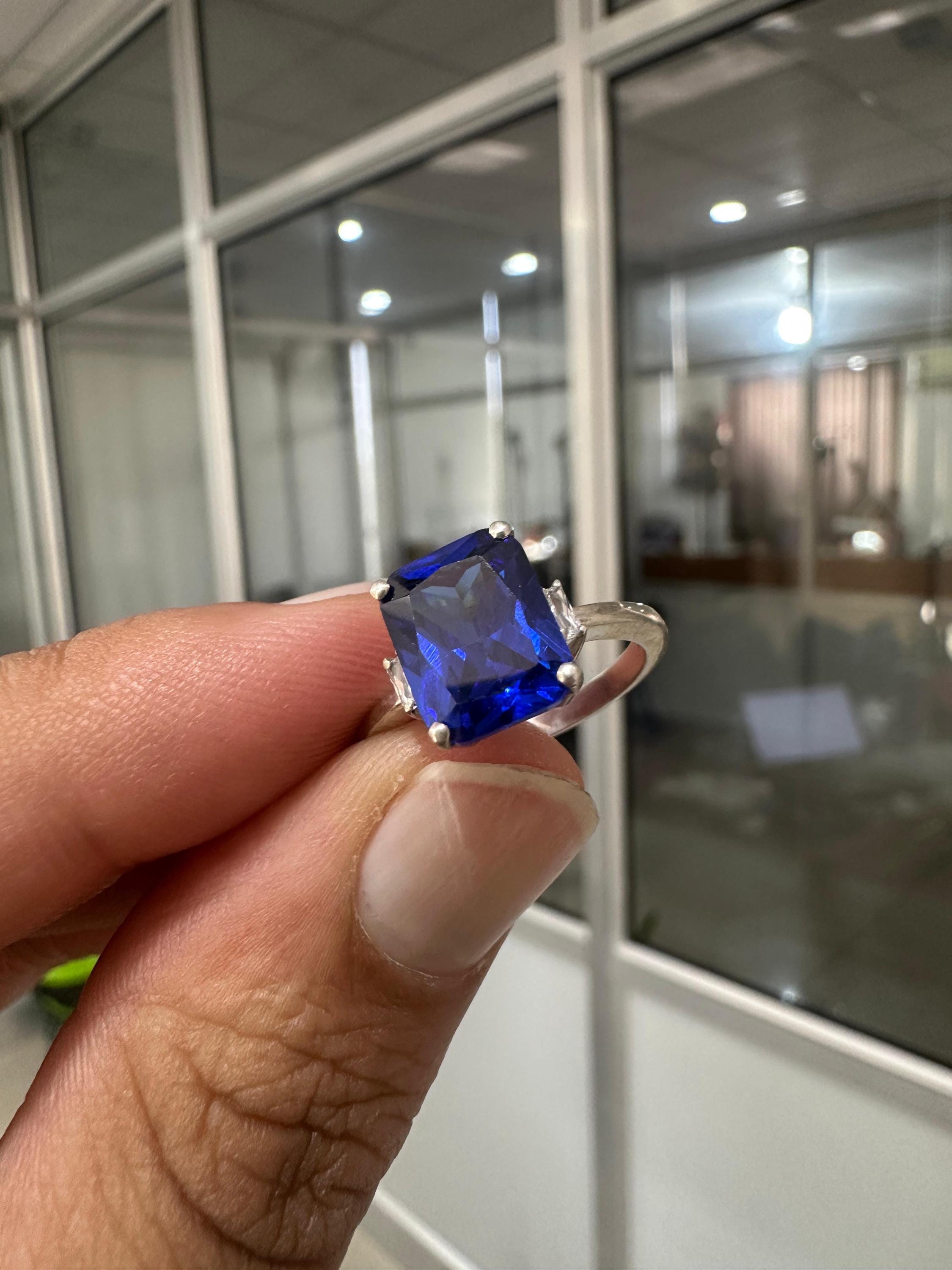 Emerald Cut Lab Sapphire Ring, Three Stone Baguette Moissanite, 14K White Gold Engagement Ring