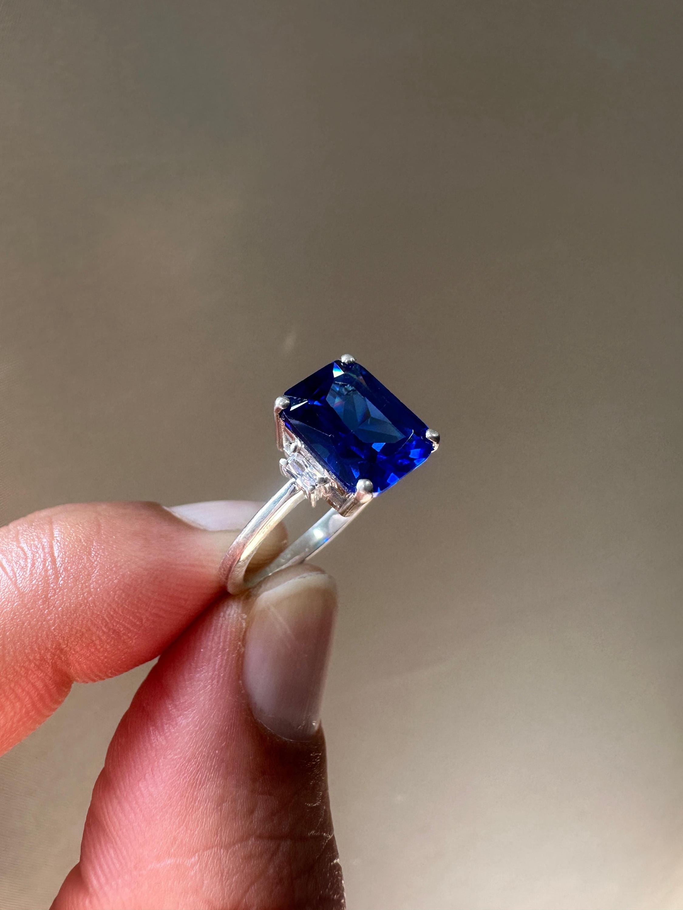 Emerald Cut Lab Sapphire Ring, Three Stone Baguette Moissanite, 14K White Gold Engagement Ring