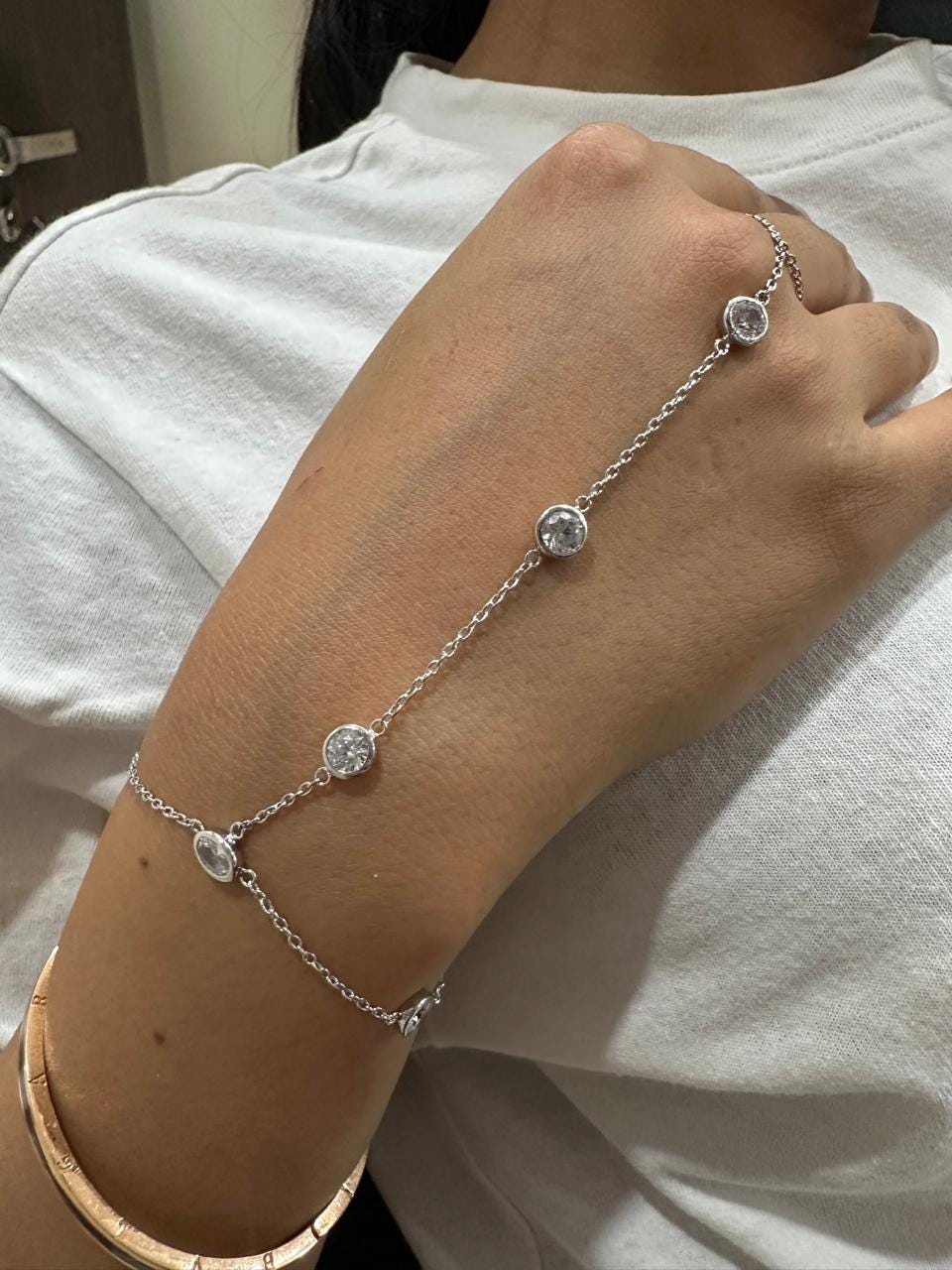 Moissanite Hand Chain Bracelet, Bezel Set Chain Bracelet, 925 Sterling Silver Slave Bracelet