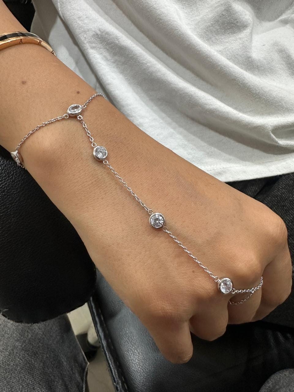 Moissanite Hand Chain Bracelet, Bezel Set Chain Bracelet, 925 Sterling Silver Slave Bracelet